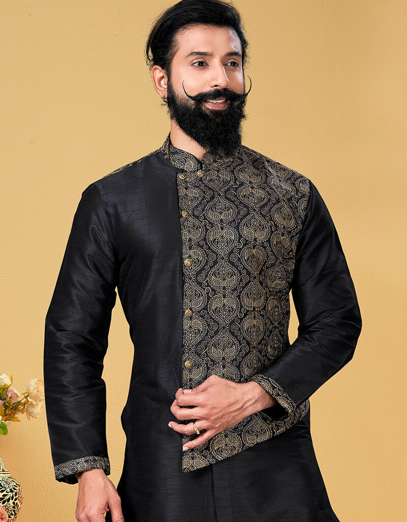 Elegant Black Kurta Dhupion Embroidered Silk Churidar Suit for Women - Perfect for Festivals, Weddings & Special Occasions