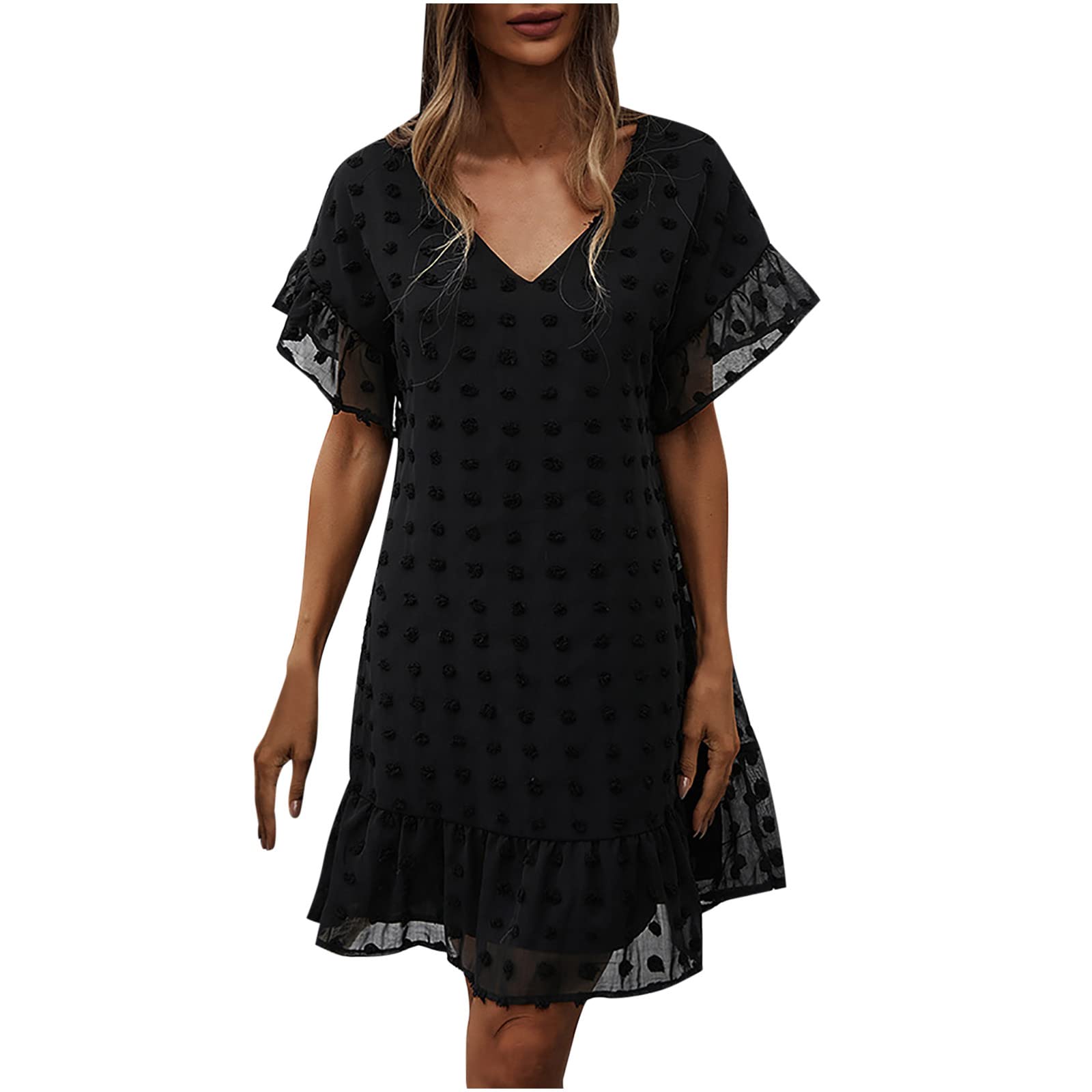 Sexy Lace Summer Dresses for Women 2022 - Ruffled V-Neck Short Sleeve Knee Length Dress for Wedding Guest, Beach Party & Casual Outings