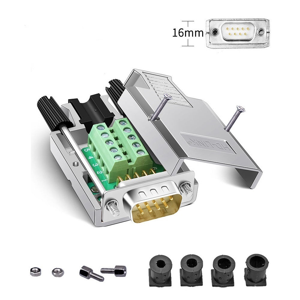 DB9 Male Solderless Shielded Metal Hood RS232 D-SUB Serial Adapter - Breakout Connector for Industrial Automation, CCTV & Computer Networking