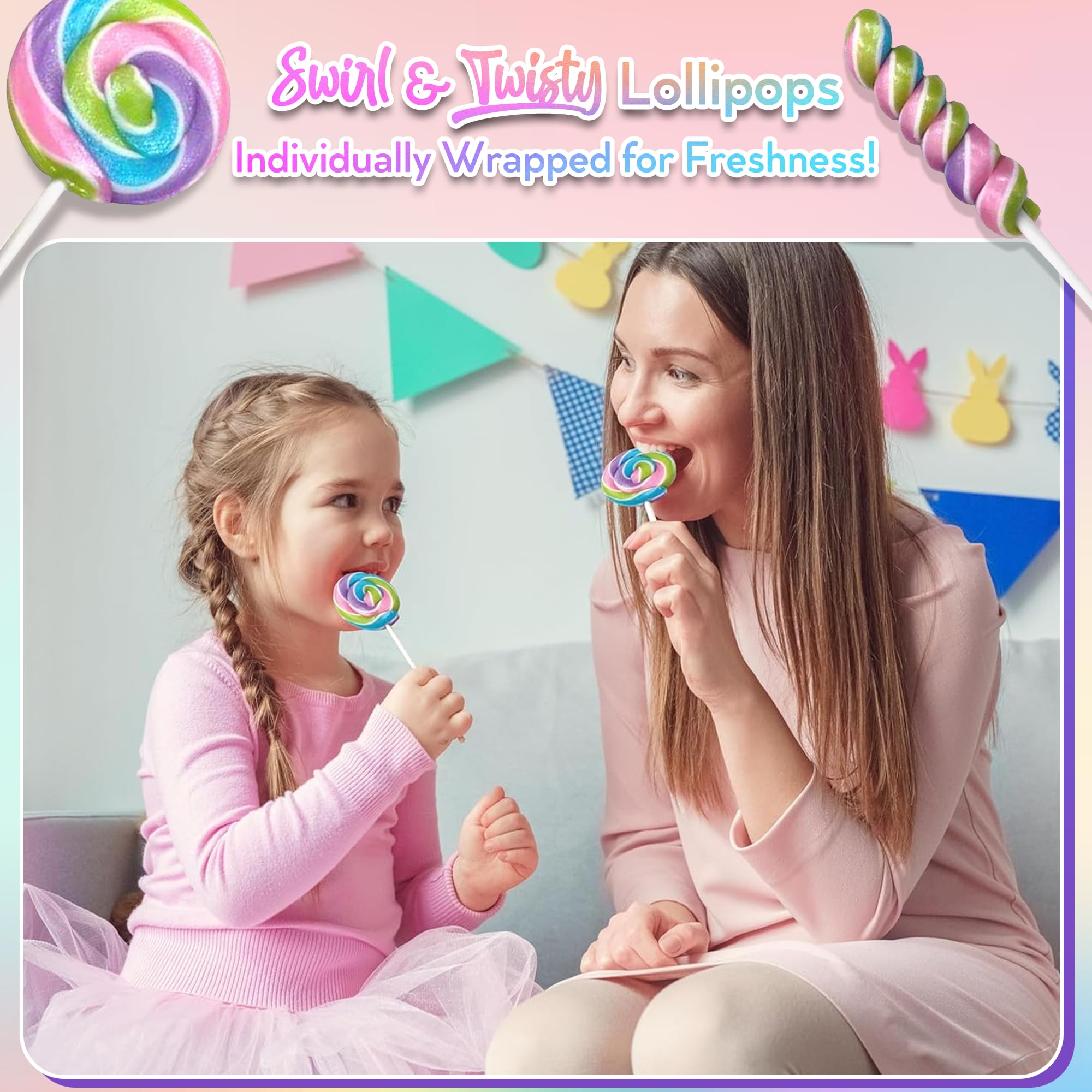 Easter Candy Lollipops - 24 Individually Wrapped Swirl & Twisty Lollipops (18g & 12g) - Perfect for Easter Baskets, Egg Hunts, Candy Buffets & Party Favors - Spring Holiday Treats for Kids & Adults