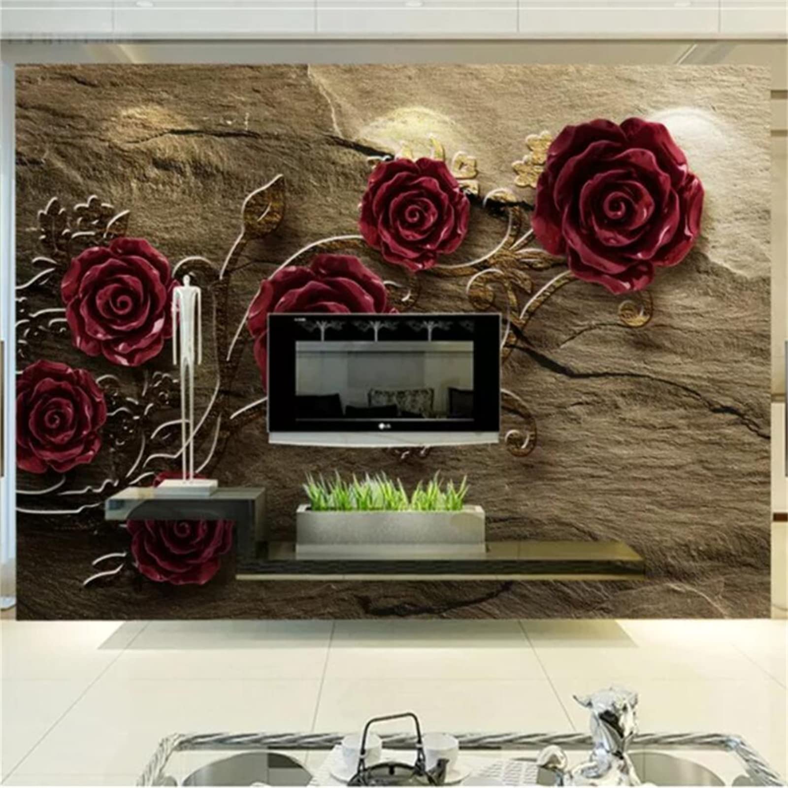 Embossed Rose Sandstone Wall Mural - Red Flower Wallpaper with Clear Picture & Strong Adhesion (118