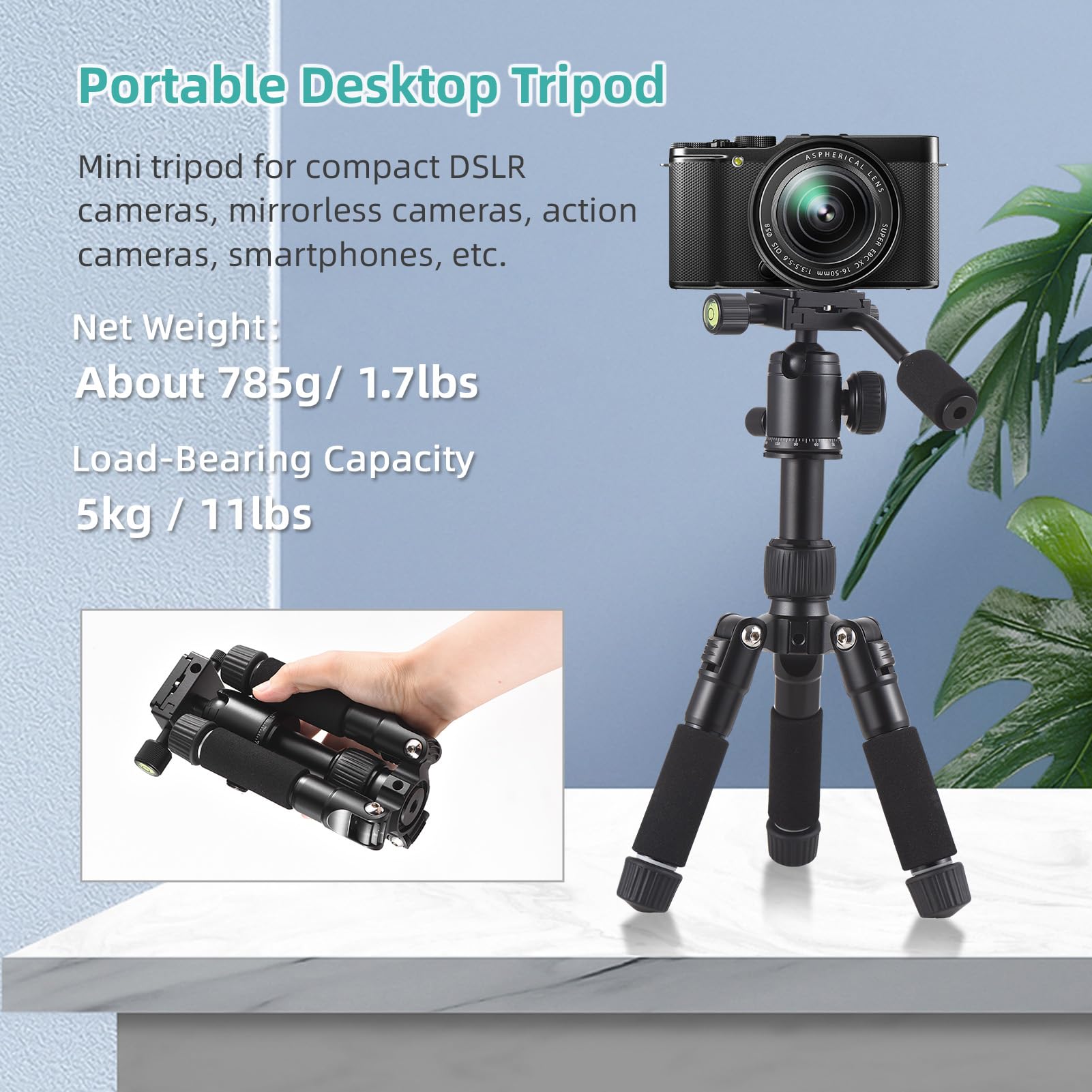 Camnoon Mini Tripod Stand - Portable Aluminum Alloy Desktop Tripod (20.5in/52cm Max Height, 5kg Load Capacity) with 360° Rotatable Ballhead & Handle for DSLR/Mirrorless Cameras - Perfect for Travel, Vlogging & Indoor Photography