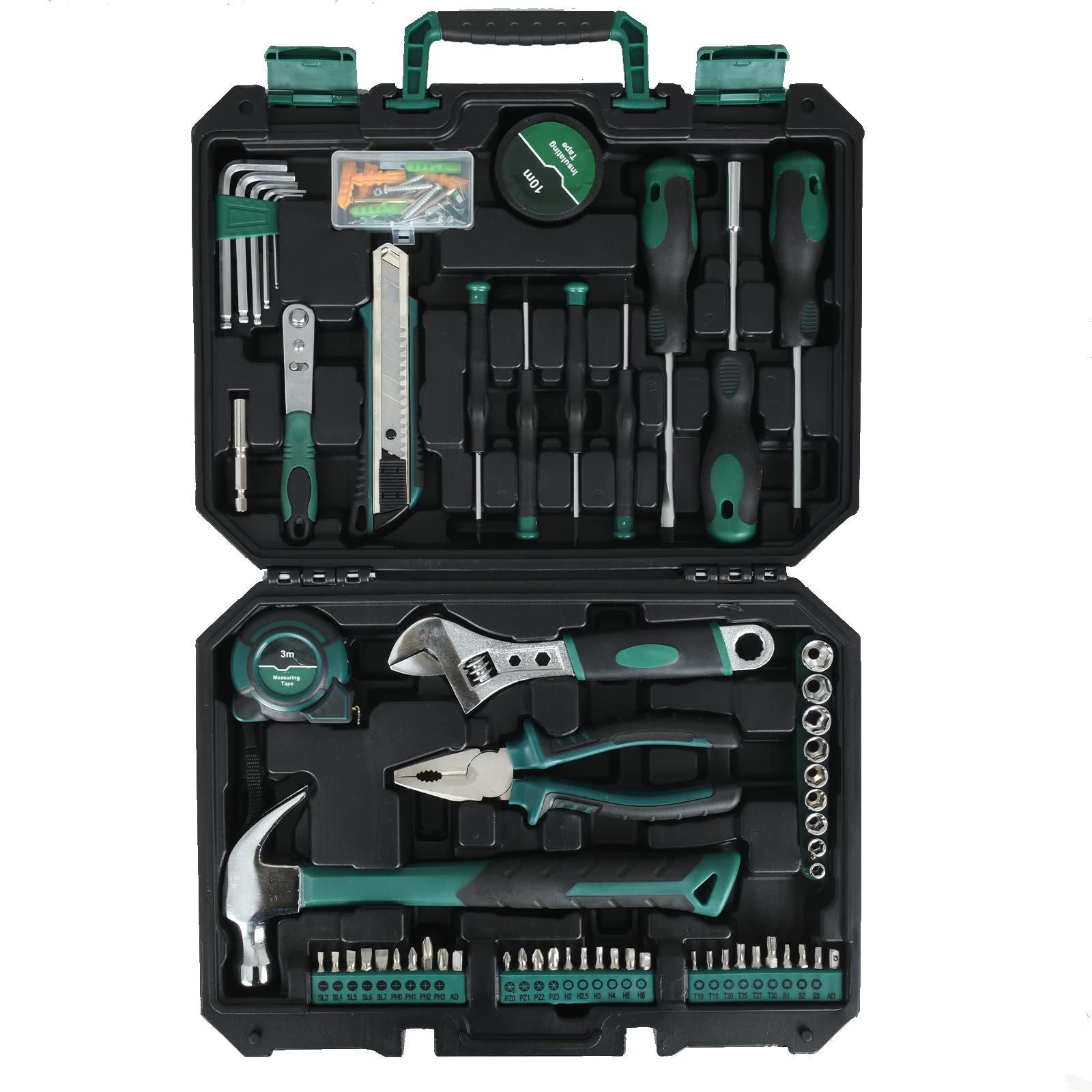100PCS Home Tool Kit with Plastic Toolbox - Complete Household Hand Tool Set for DIY Repairs & Maintenance (Black/Green) - Perfect for Home Improvement, Furniture Assembly, and Basic Fixes