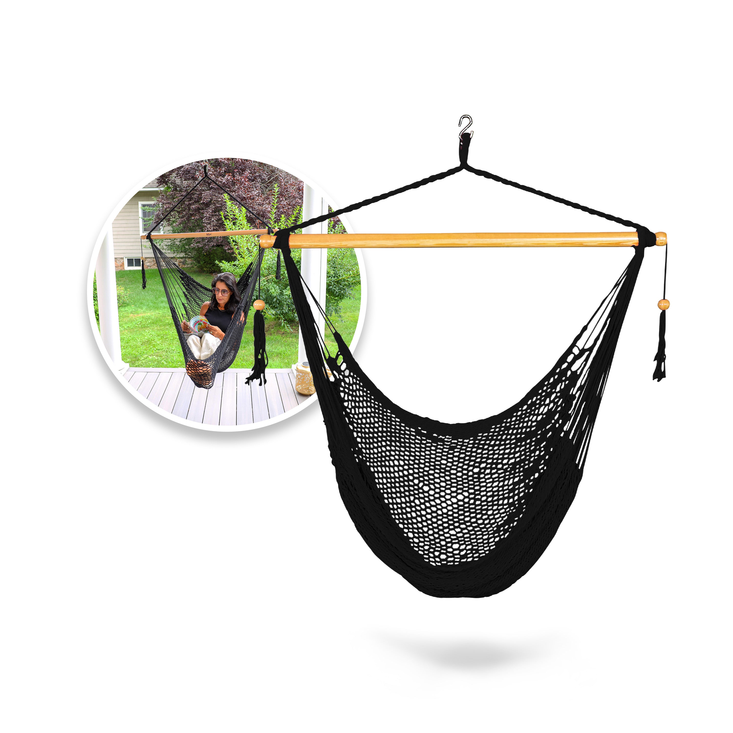 Bliss Hammocks BHC 412BLK Black Island Rope Hammock Chair with Spreader Bar & Hanging Hardware - 40 Inch Wide, 265 lb Weight Capacity - Perfect for Patio, Backyard, Porch & Outdoor Relaxation