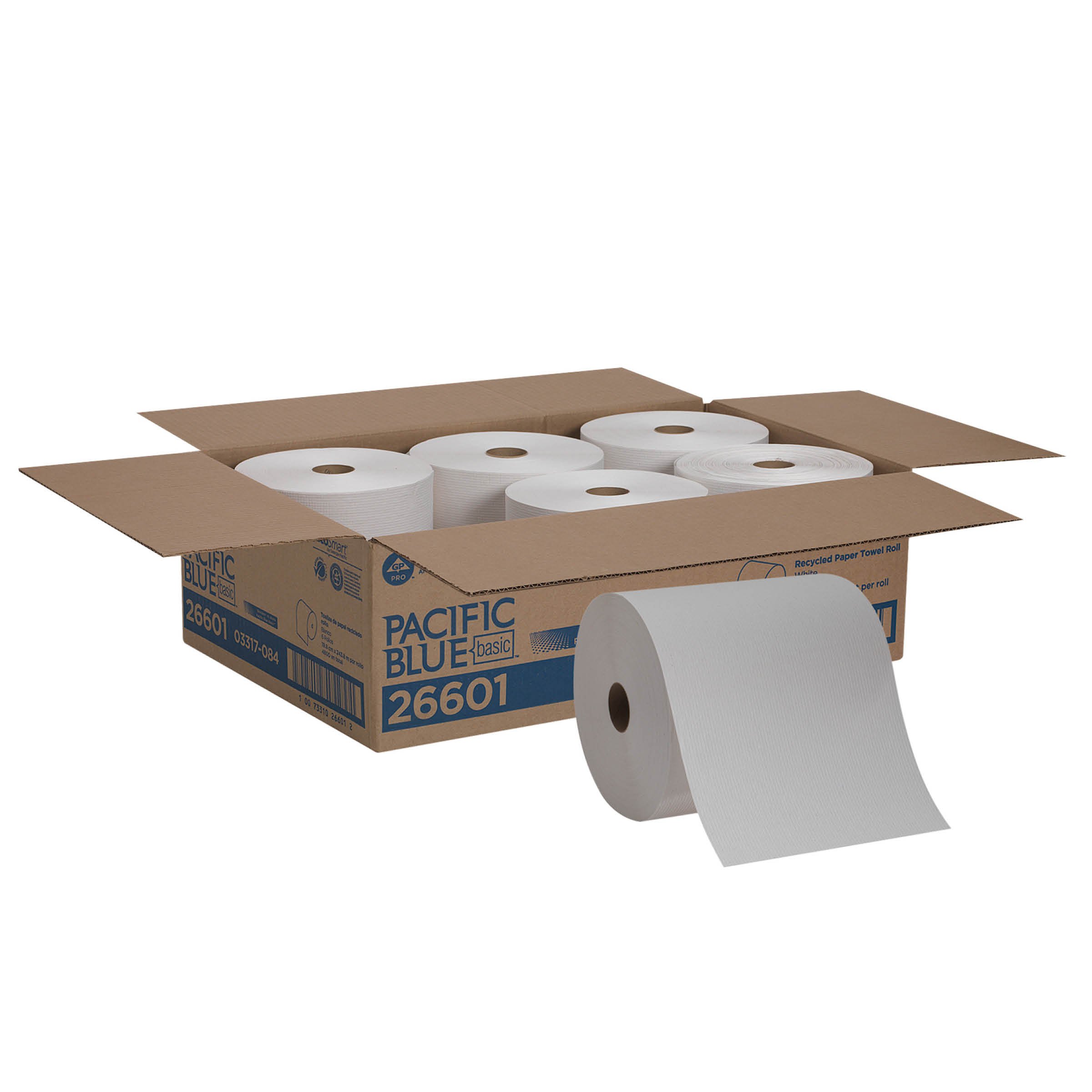 Georgia-Pacific Blue Basic Recycled Paper Towels - 6 Rolls (800 Feet Each) | Eco-Friendly, White, 26601 | Perfect for Kitchen, Bathroom & Office Cleaning