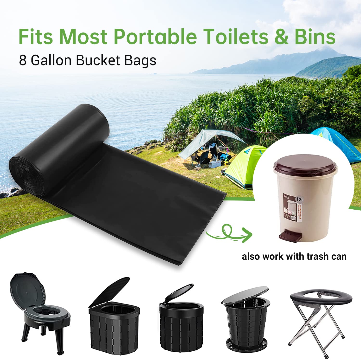 50 Count Compostable Trash Bags 8 Gallon - 1.5 Mil Thickened Eco-Friendly Garbage Bags for Kitchen, Bathroom, Travel & Outdoor Waste Disposal | Plastic-Free, Leak-Proof & Odor Control | Perfect for Camping, Picnics & Home Use