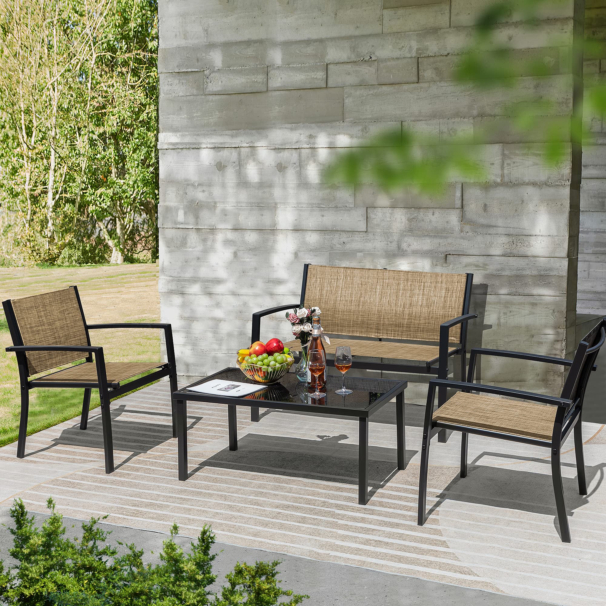 Flamaker 4-Piece Outdoor Patio Furniture Set - Modern Textilene Bistro Conversation Set with Loveseat & Tea Table in Yellow - Perfect for Home, Garden, Lawn, Balcony & Backyard Relaxation