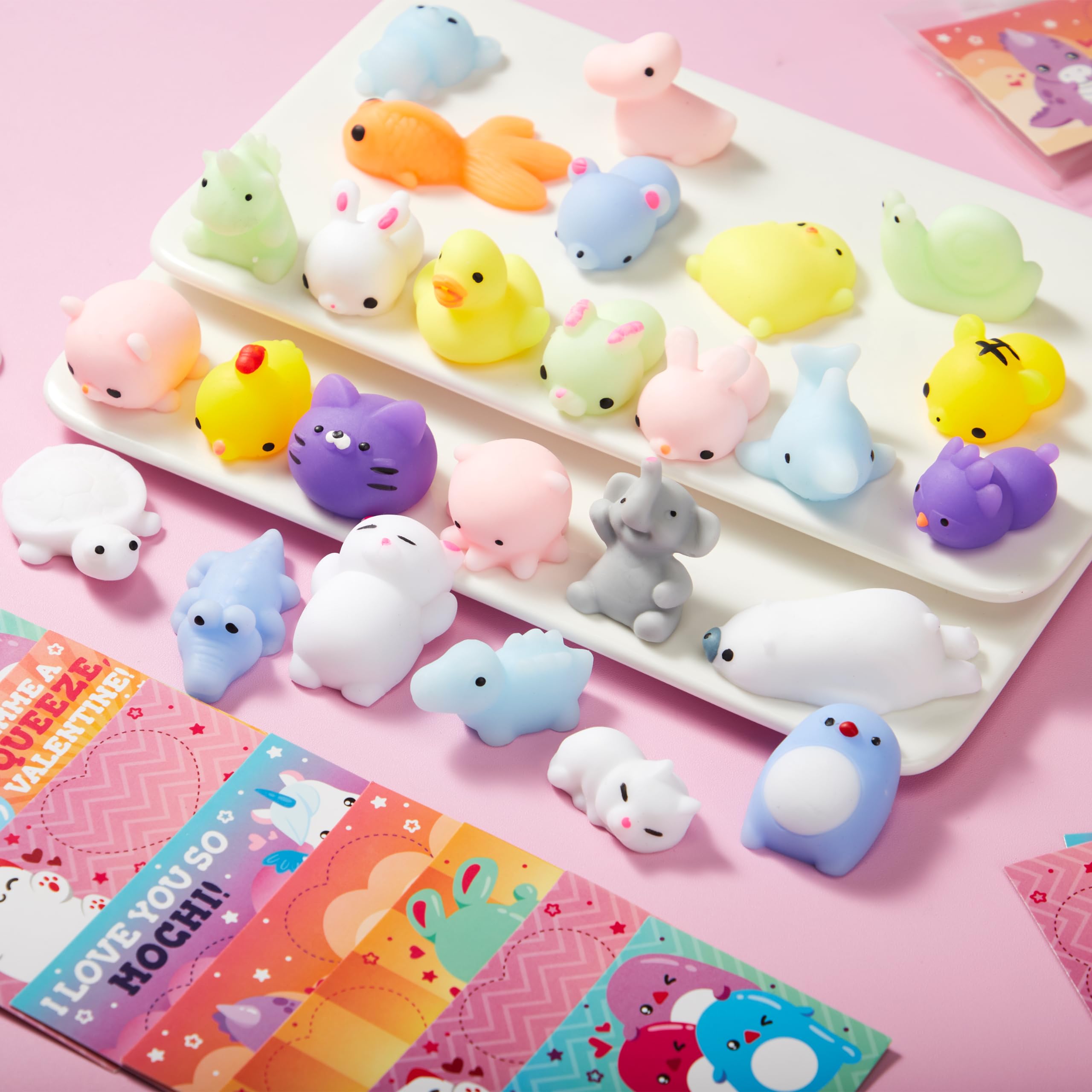 JOYIN 28 Pack Kawaii Mochi Squishy Toys with Gift Cards - Stress Relief Fidget Toys for Kids, Classroom Prizes, Party Favors & Sensory Play - Perfect for Birthday Gifts, School Rewards and Anxiety Relief