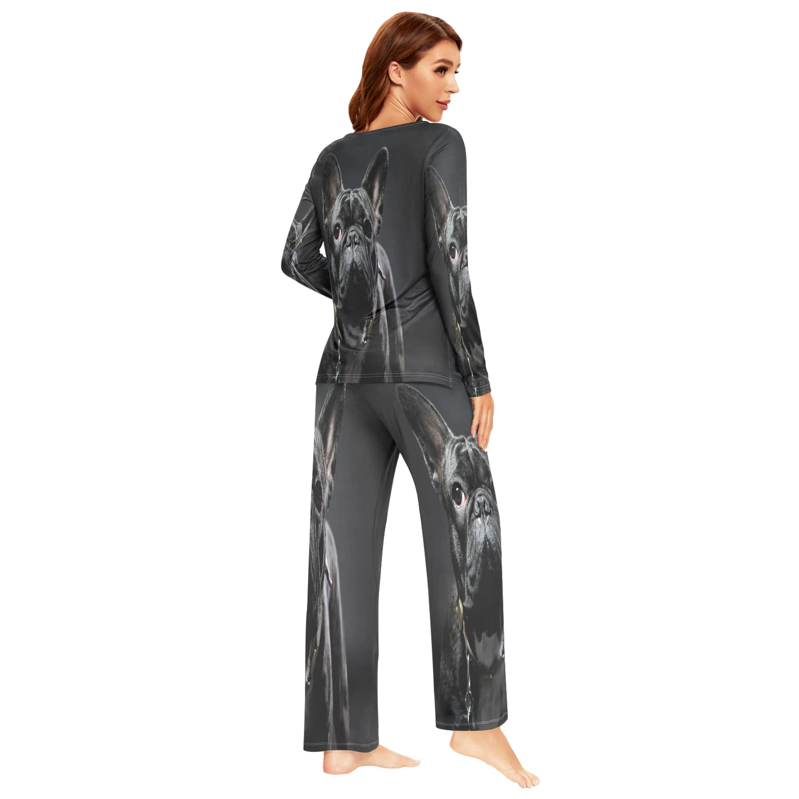 French Bulldog Print Black Pajama Set for Women - 2-Piece Long Sleeve Sleepwear & Lounge Outfit | Cozy Nightwear for Relaxing at Home or Sleepovers