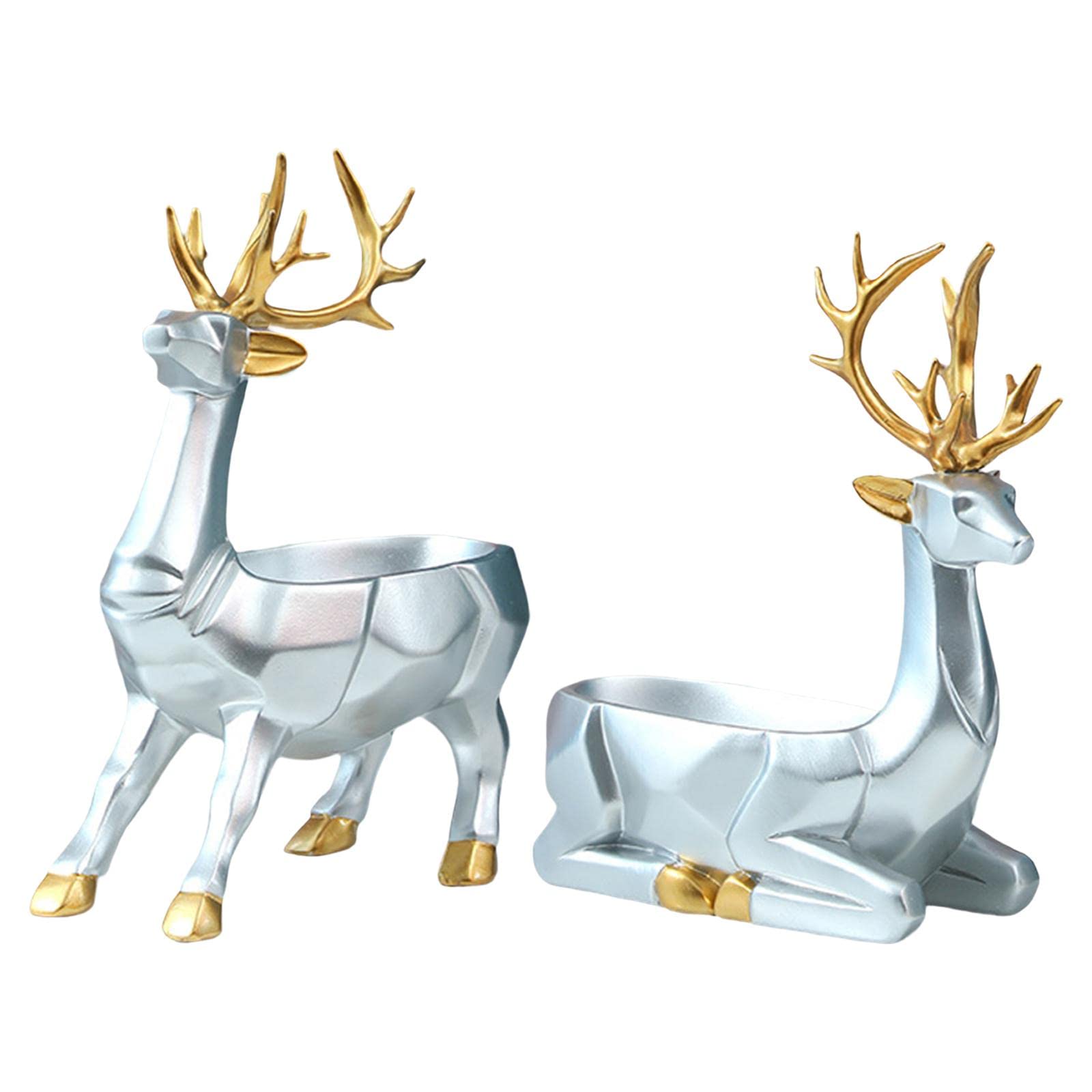 Elk Figurine Sculpture Storage Box - Deer Statue Decorative Tray for Jewelry, Candy & Nuts | Home Office Desk Organizer & Mantelpiece Decor | Perfect for Bedroom, Living Room & Gift Giving (Silver)