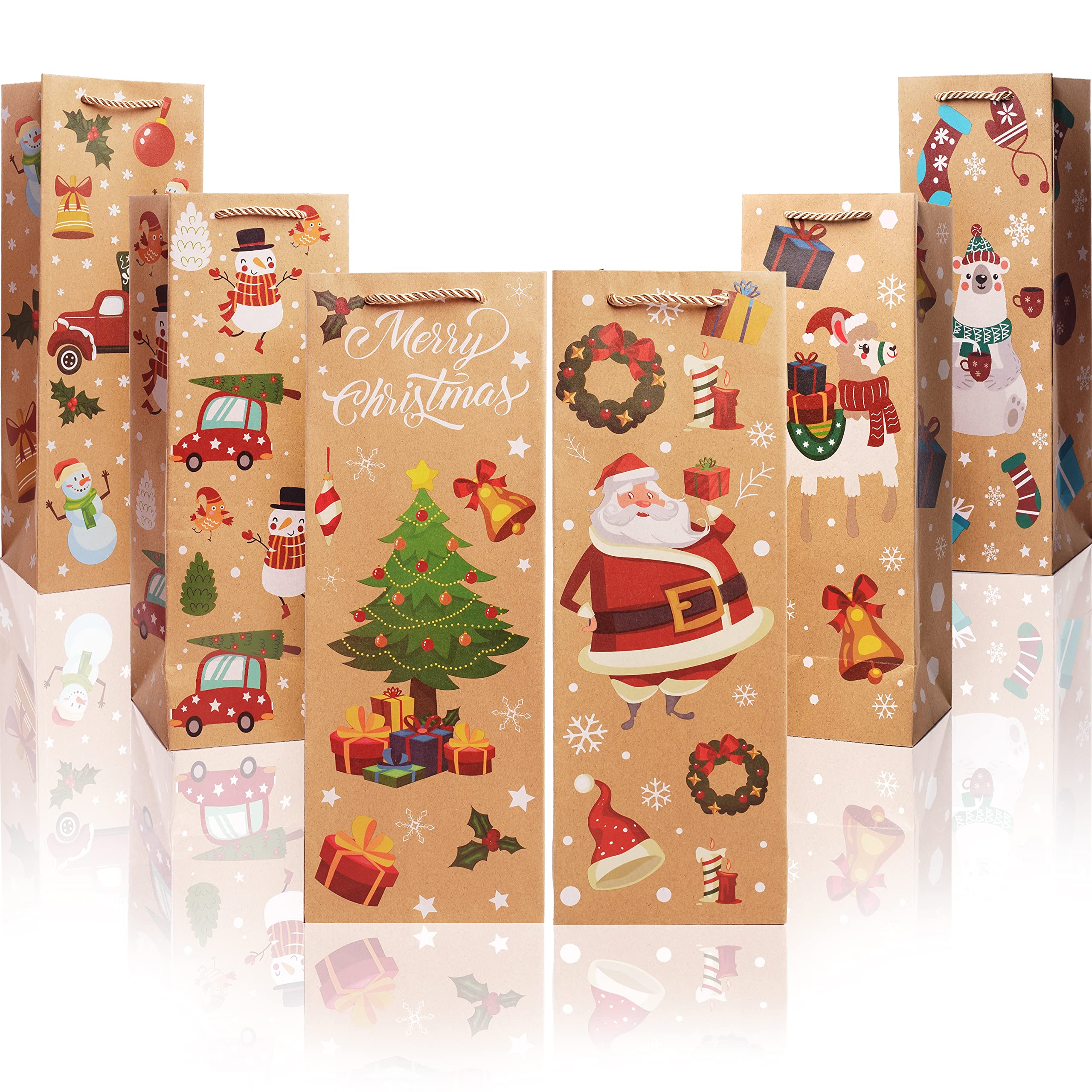 12 Pack Christmas Wine Gift Bags with Handles - Kraft Holiday Wine Bottle Bags for Party Favors & Gifts - Perfect for Christmas Parties, Hostess Gifts & Wine Exchanges
