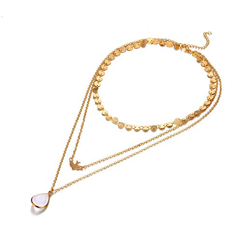 Bohemian Layered Pendant Necklace for Women - Elegant Wafer Chain & Dove Crystal Gemstone Jewelry, Perfect for Casual Wear, Parties, and Gifts