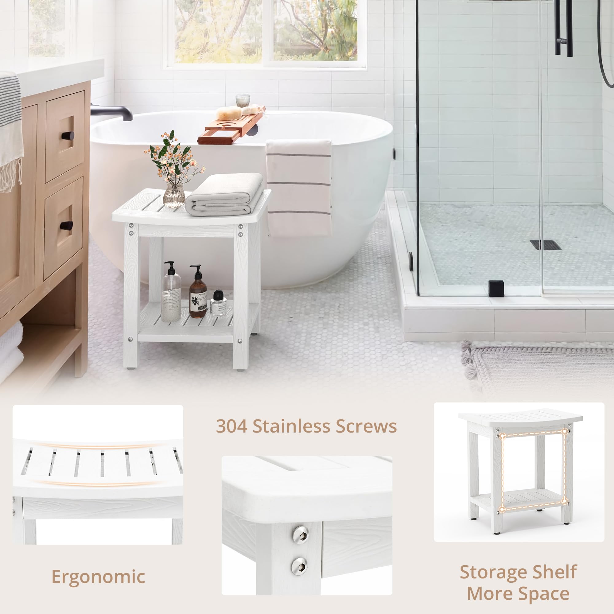 LUE BONA HDPS Waterproof Shower Bench Seat with Storage Shelf - Non-Slip Bath Stool for Shaving Legs, Spa & Elderly Safety - Weather Resistant for Indoor/Outdoor Use (White) | Perfect for Bathroom, Poolside & Shower Safety