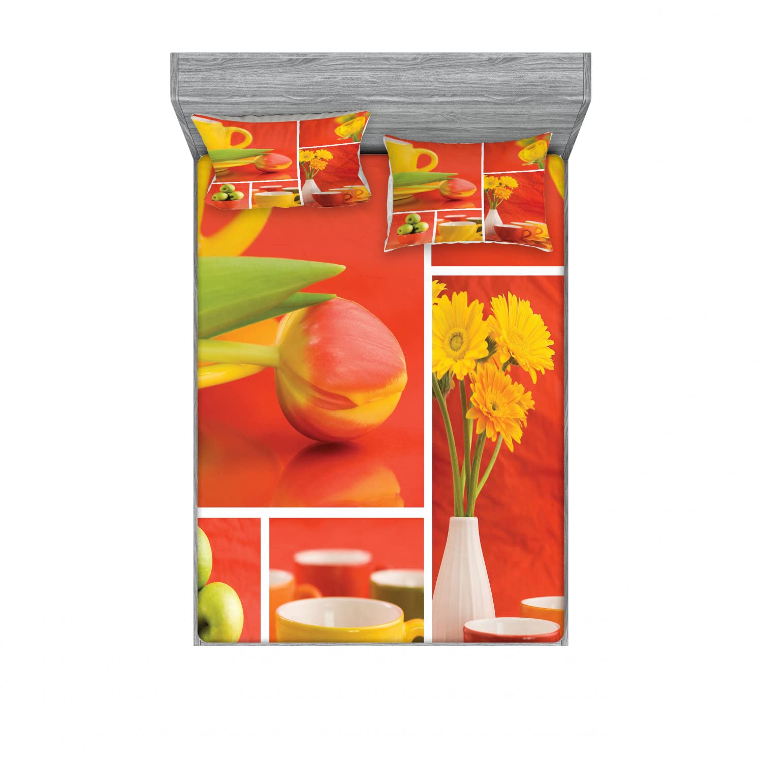 Ambesonne 4-Piece Coffee Themed Bedding Set - 2 Full Size Fitted Sheets & 2 Pillow Shams with Coffee Cups, Tulips and Apples Design in Red, Yellow & Green | Perfect for Bedroom Decor, Guest Rooms & Coffee Lovers Gift