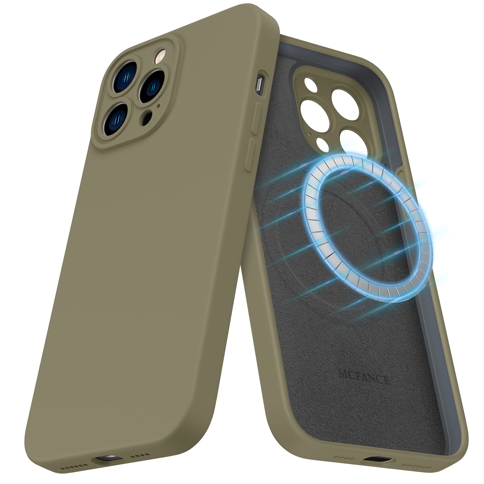 MCFANCE Magnetic Silicone Case for iPhone 13 Pro Max (6.7 inch 2021) - MagSafe Compatible Phone Cover with Microfiber Lining | Protective Slim Fit Shockproof Case | Perfect for Work, Travel & Everyday Use (Khaki)