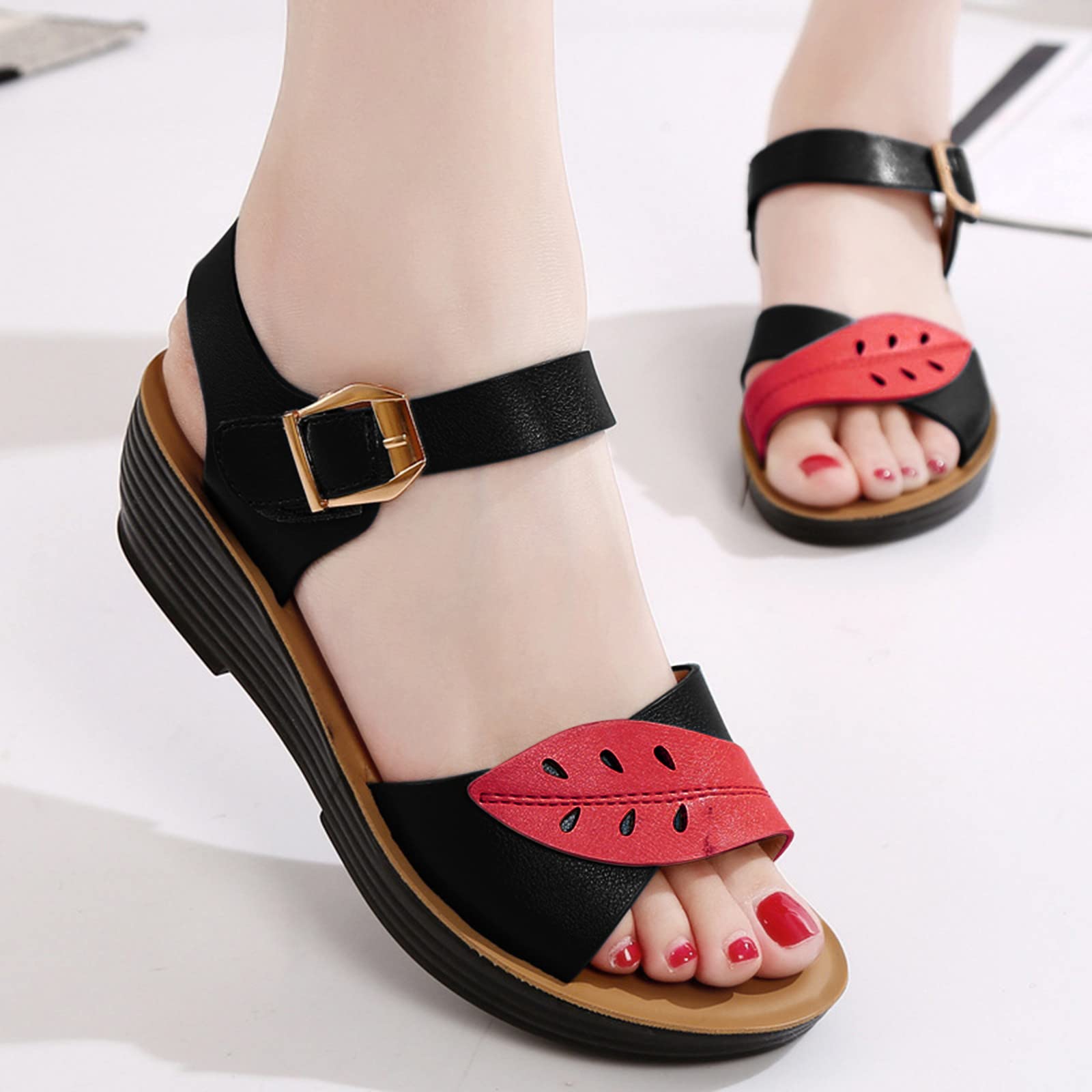 Women's Flat Moccasin Sandals with Leaf Pattern - Soft Sole Open Toe Cutout Design - Comfortable Casual Ladies Sandals (Black, Size 7.5) | Perfect for Beach, Vacation, and Summer Outfits
