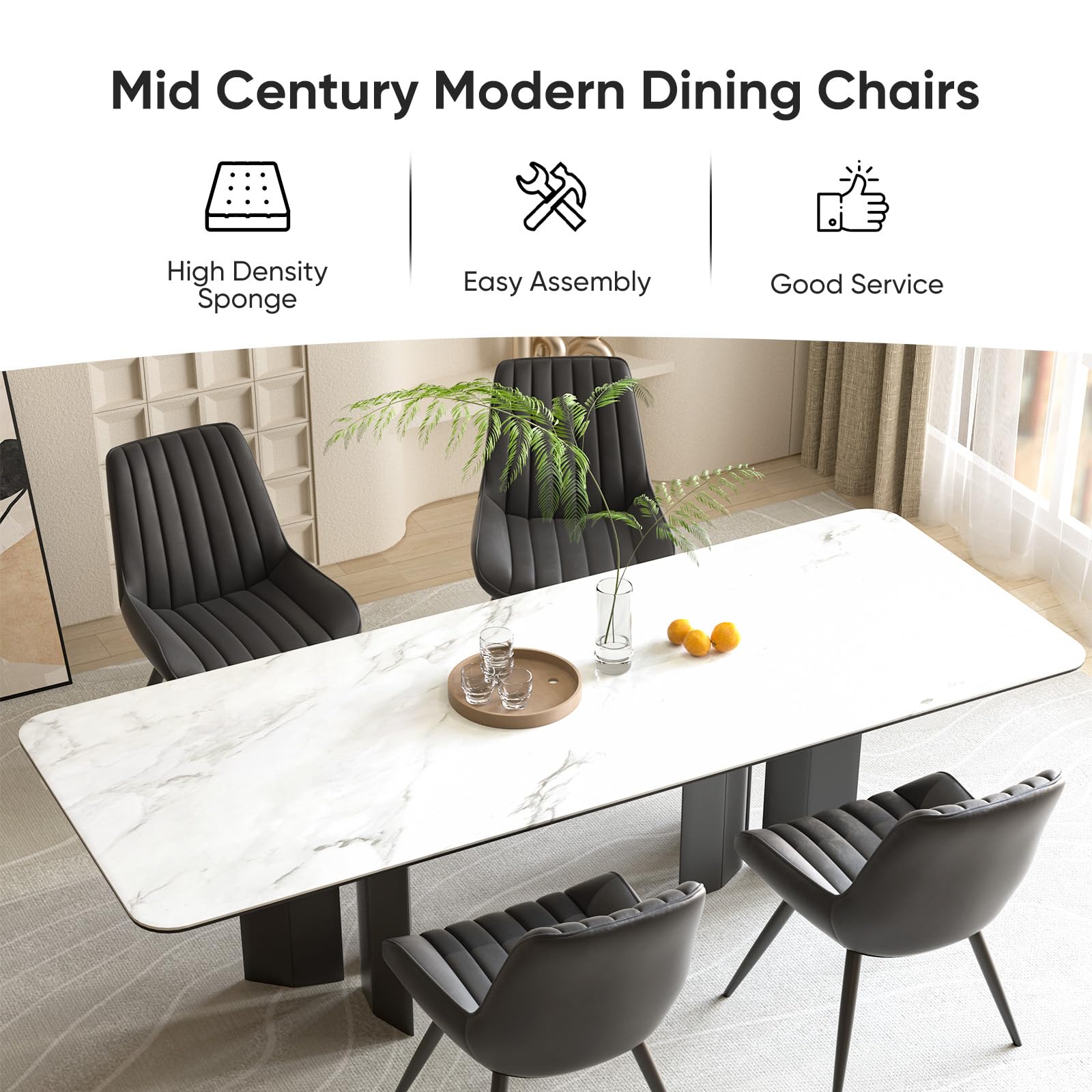 Modern Dining Chairs Set of 4 - Upholstered Fabric Kitchen Side Chairs with Thick Cushions & Sturdy Metal Legs - Comfortable Dining Room Chairs for Home, Restaurant, or Office Use - Black