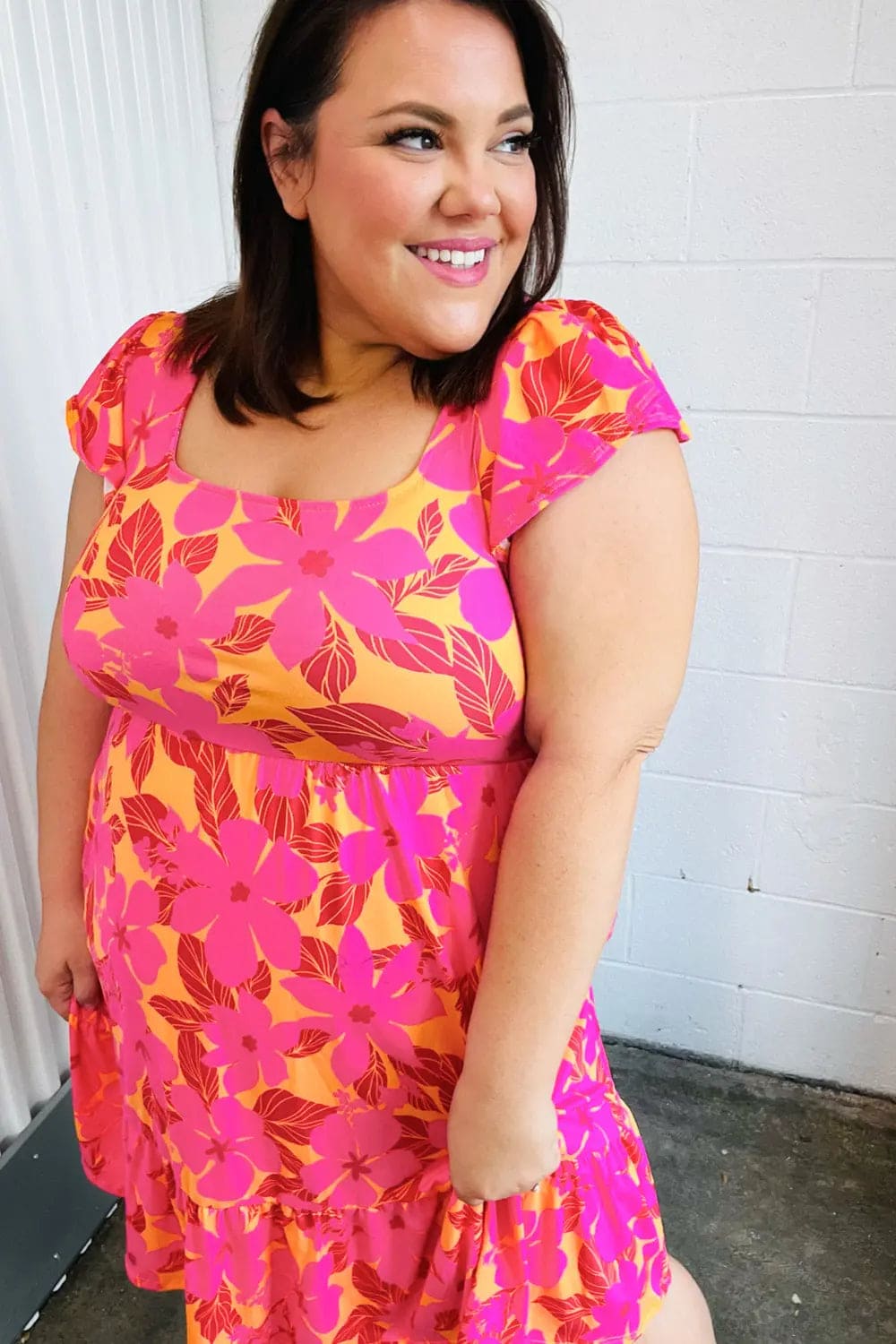 Fuchsia & Orange Tropical Floral Square Neck Summer Dress for Women - Beach Vacation, Party & Casual Outfit