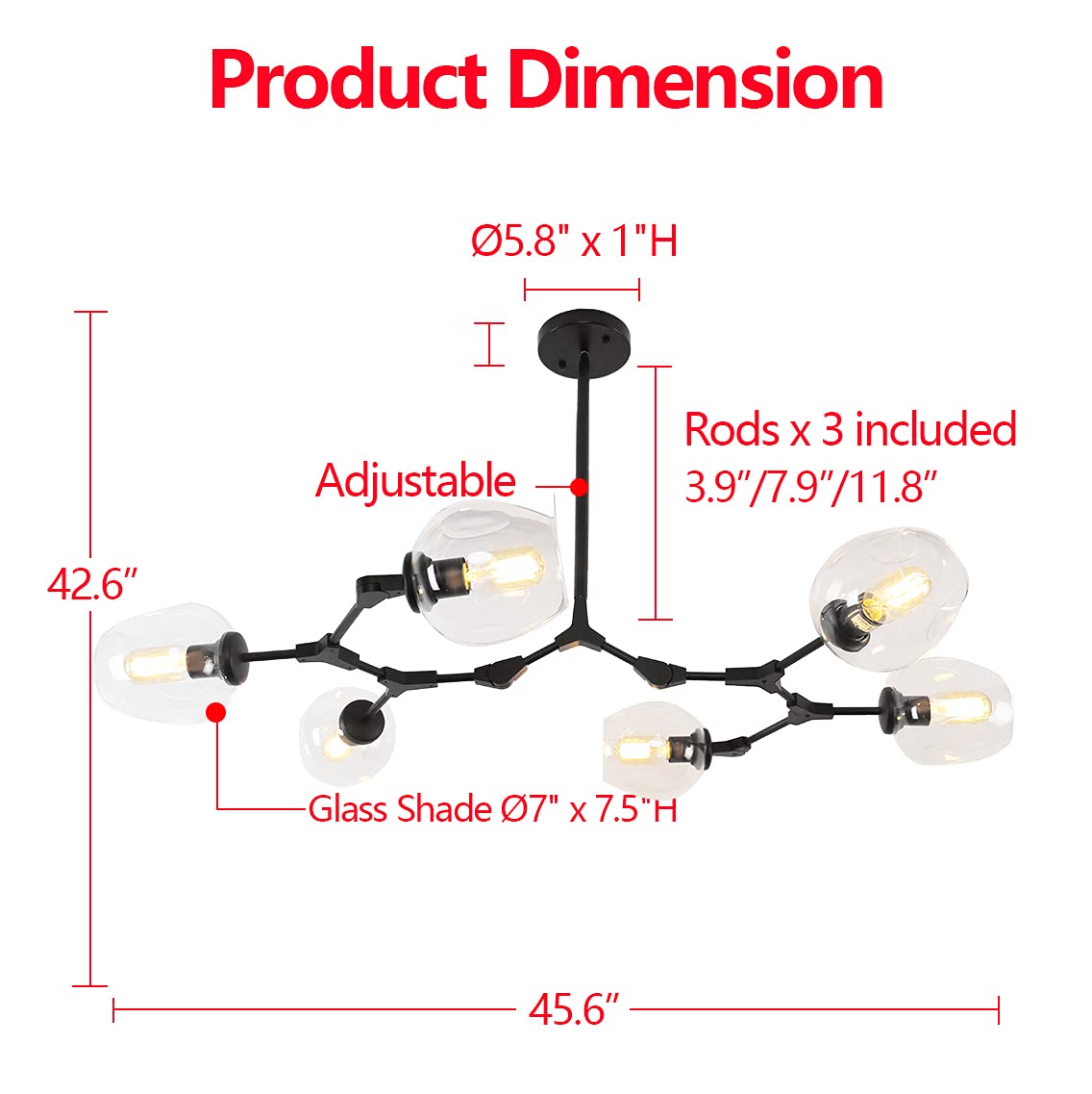 Modern Molecular Globe Pendant Light with 6-Head Glass Lampshade, Sputnik Chandelier Lighting Fixture - Black & Clear for Kitchen, Living Room, Bedroom, Bar, Restaurant, Office - Stylish Ceiling Light for Modern Home Decor