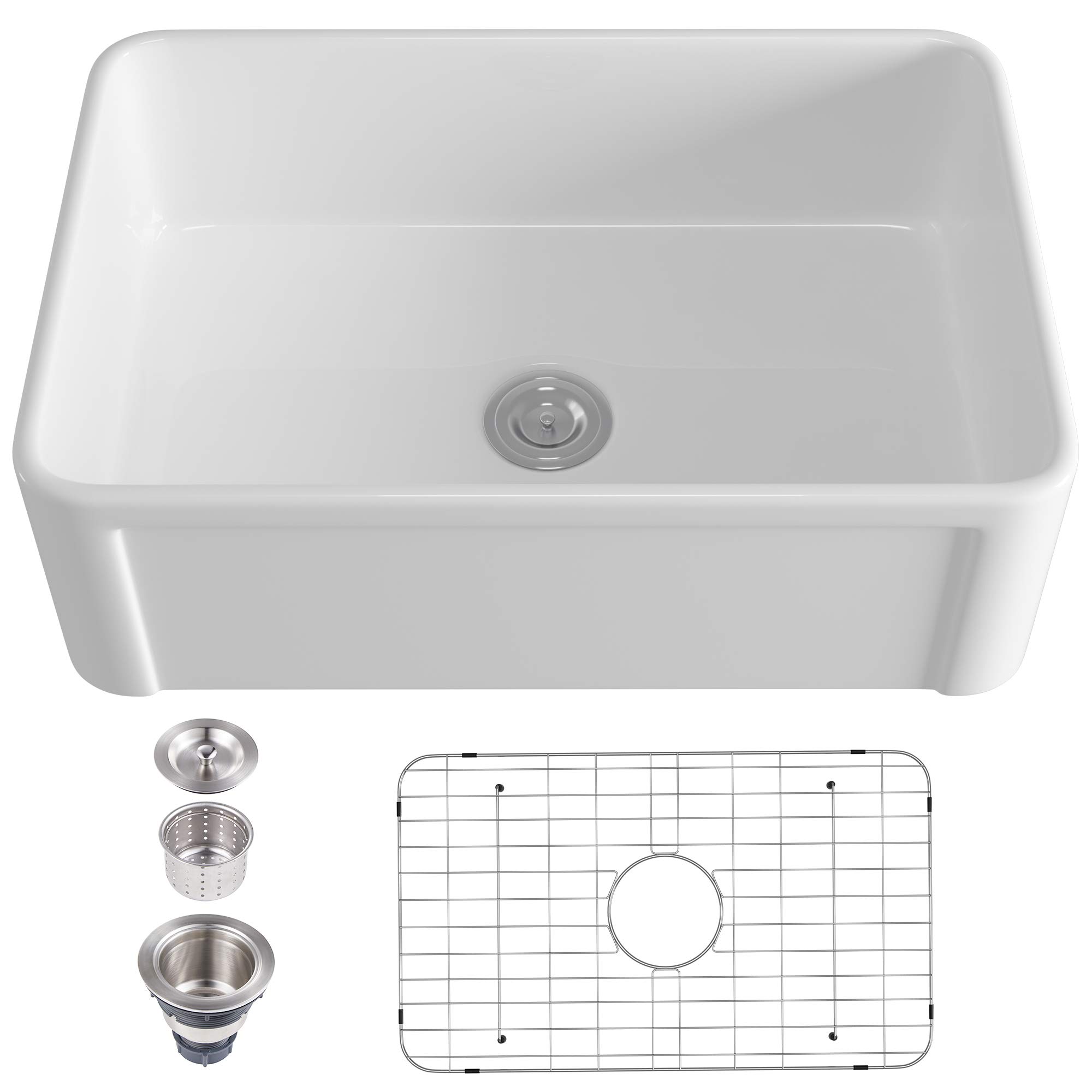 Eridanus 30-inch White Fireclay Farmhouse Kitchen Sink with Basket Strainer & Bottom Grid - Perfect for Rustic, Modern, and Farmhouse Style Kitchens