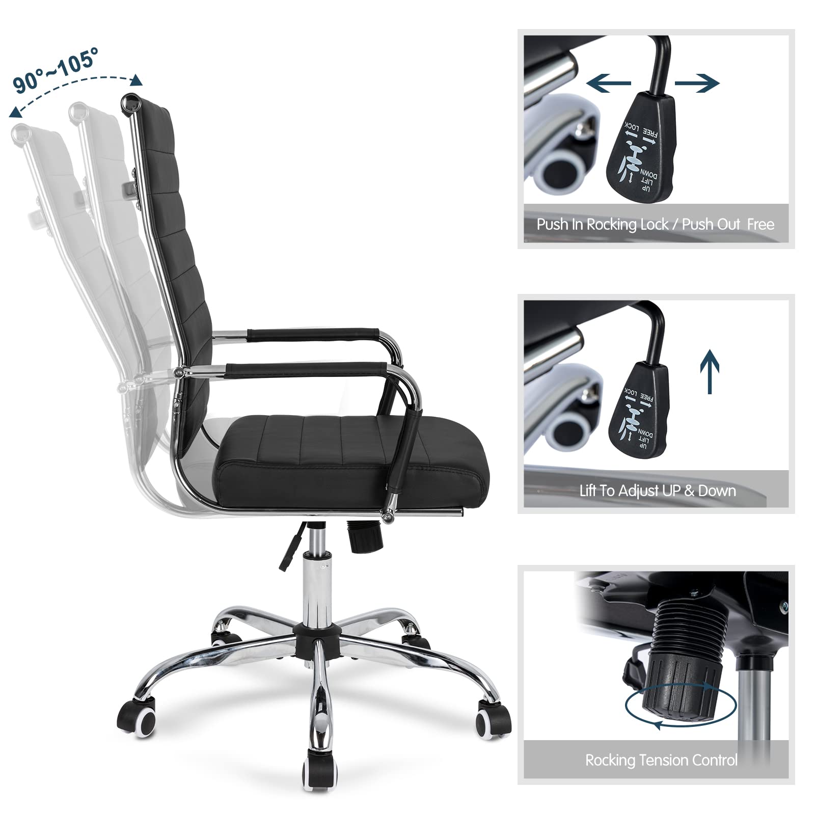 Ergonomic High Back Office Chair - Modern Leather Executive Desk Chair with Adjustable Height & Swivel, Ribbed Design for Comfort - Perfect for Home Office, Conference Rooms & Computer Workstations (Black)