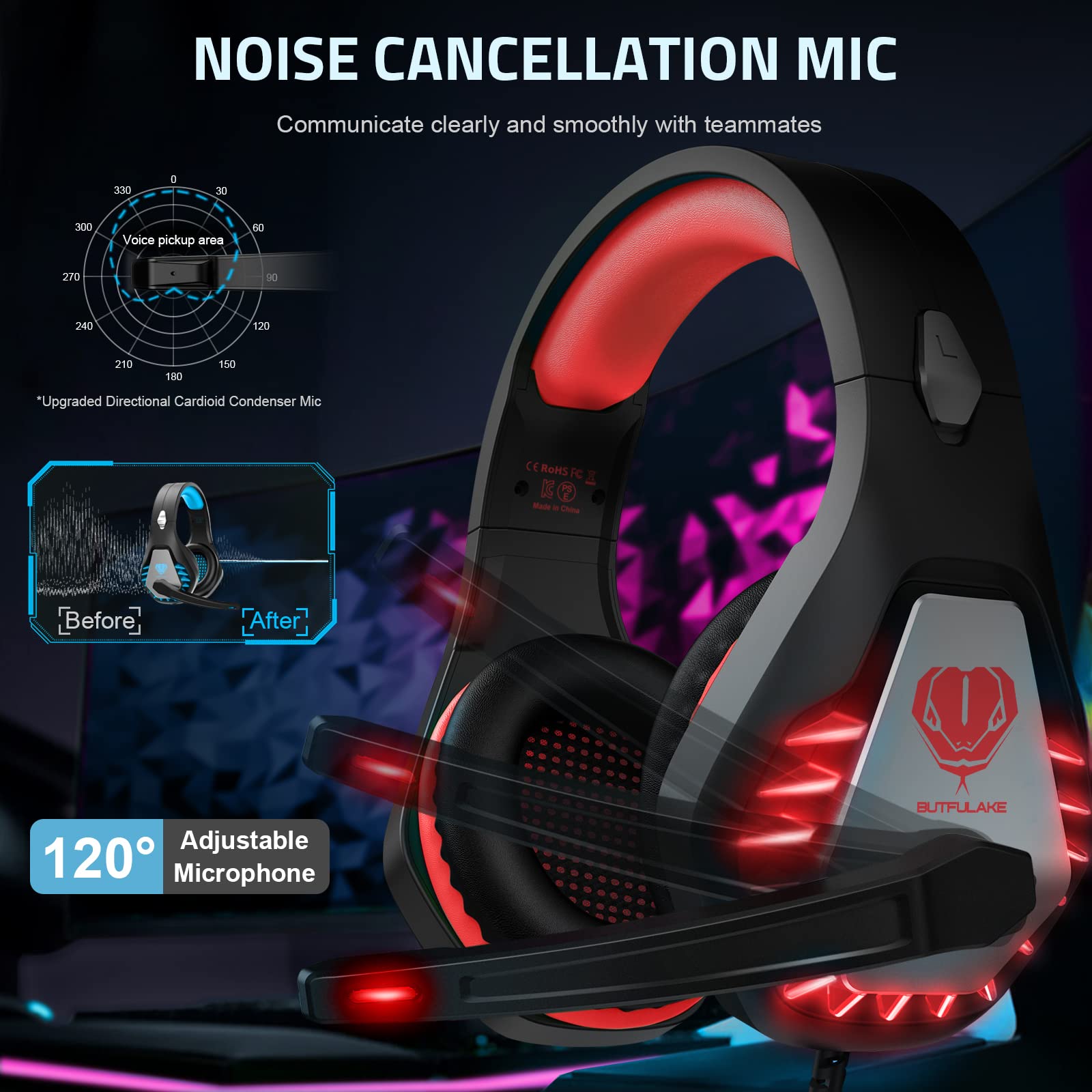 Pacrate Gaming Headset with Noise Cancelling Mic & LED Lights - Compatible with PC, PS4, Xbox One, Mac, Laptop - Perfect for Kids, Men & Women Gamers - Ideal for Online Gaming, Streaming & Virtual Meetings