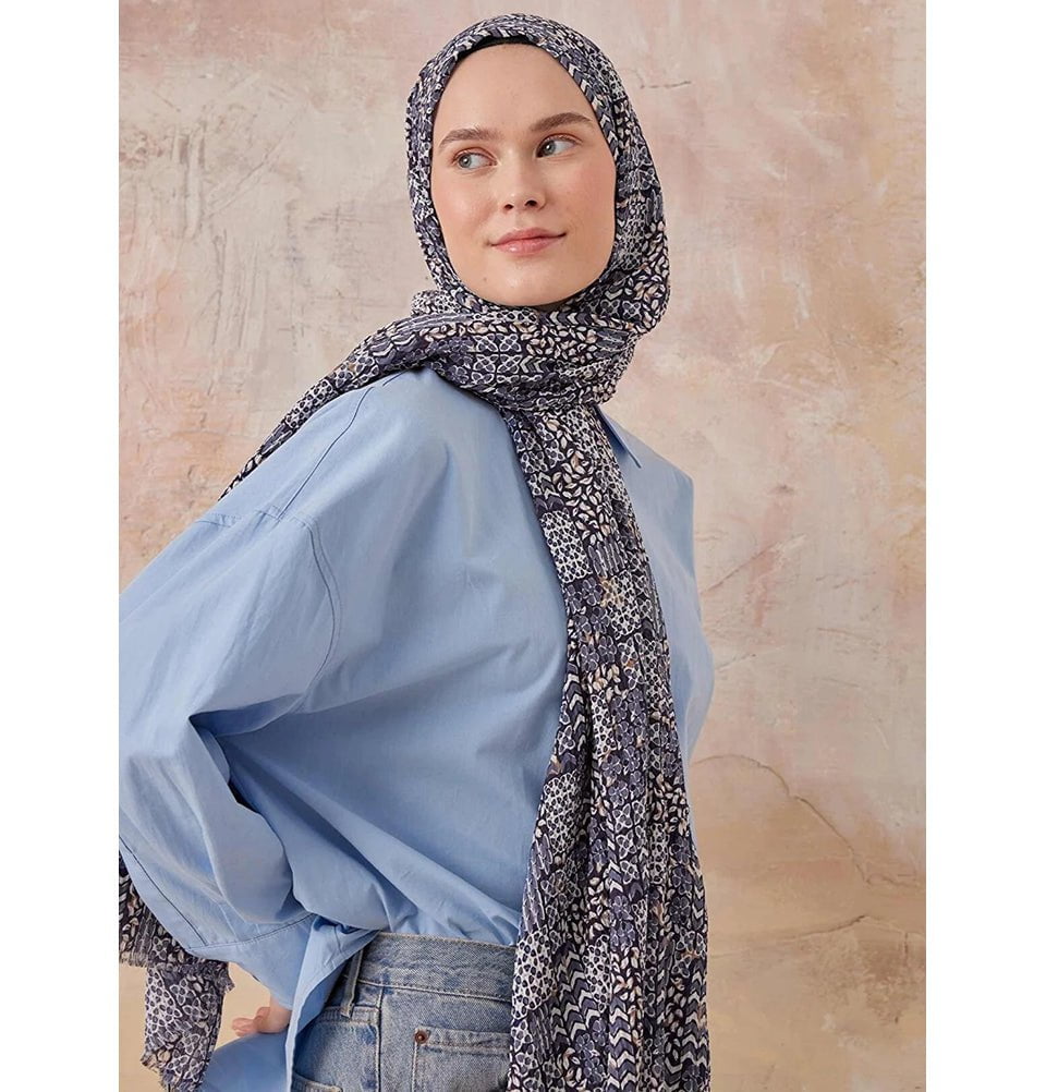 Abstract Crinkle Cotton Hijab Shawl - Soft & Breathable Blue Scarf for Women | Perfect for Daily Wear, Prayer, and Modest Fashion