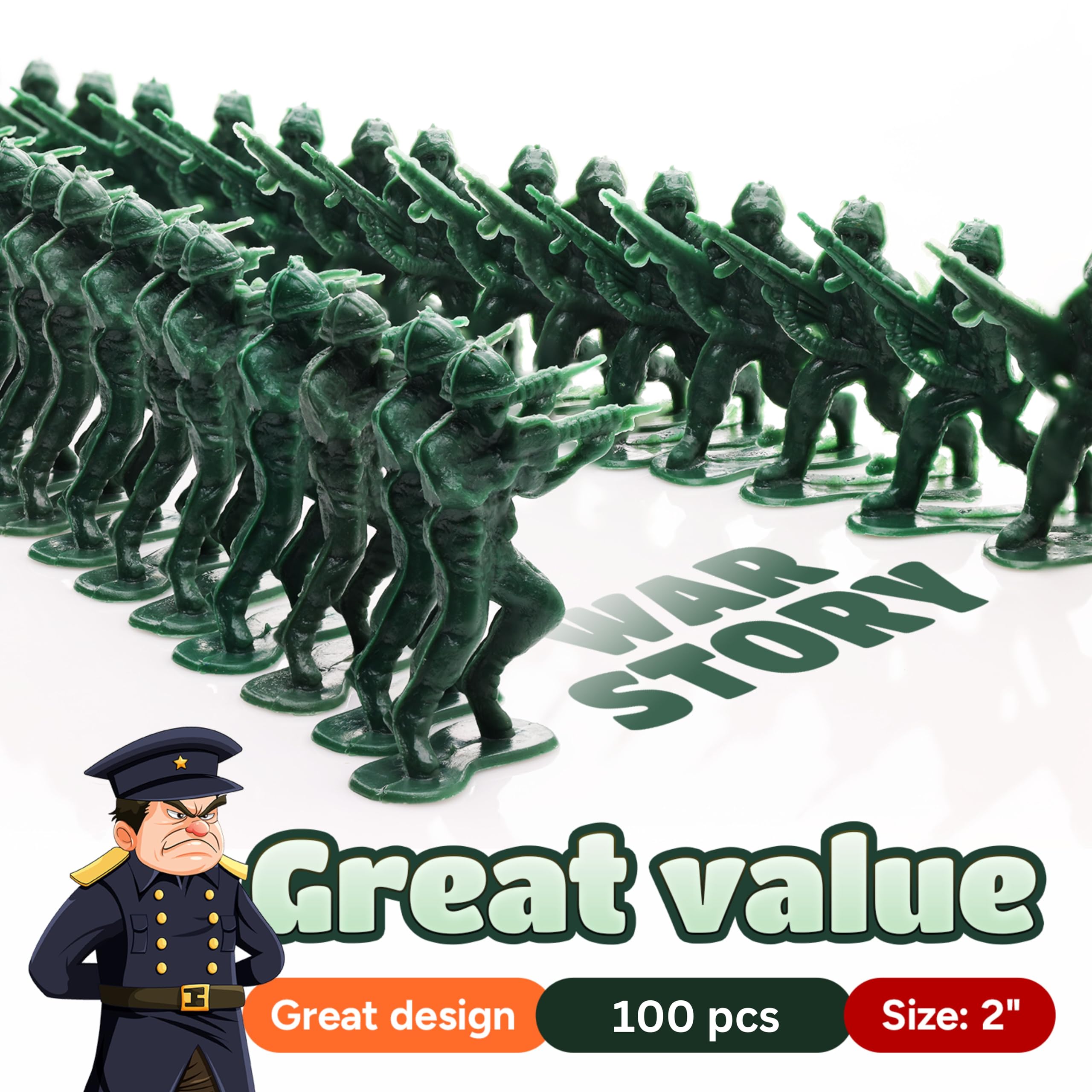 Entervending 100-Piece Green Army Men Action Figures - 2” Small Military Soldier Toys for Boys - Battle Playset for Kids | Perfect for Army Themed Parties, Birthday Favors & War Game Scenes