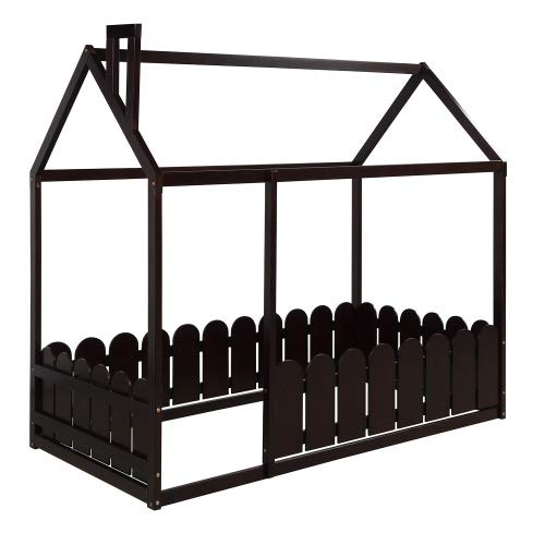 **Solid Wood Twin Bed Frame with Safety Fence - Cabin Style Floor Bed for Kids, Nursery Furniture & Play Tent - Espresso Finish - Perfect for Toddler Rooms, Montessori Bedrooms & Cozy Play Areas**