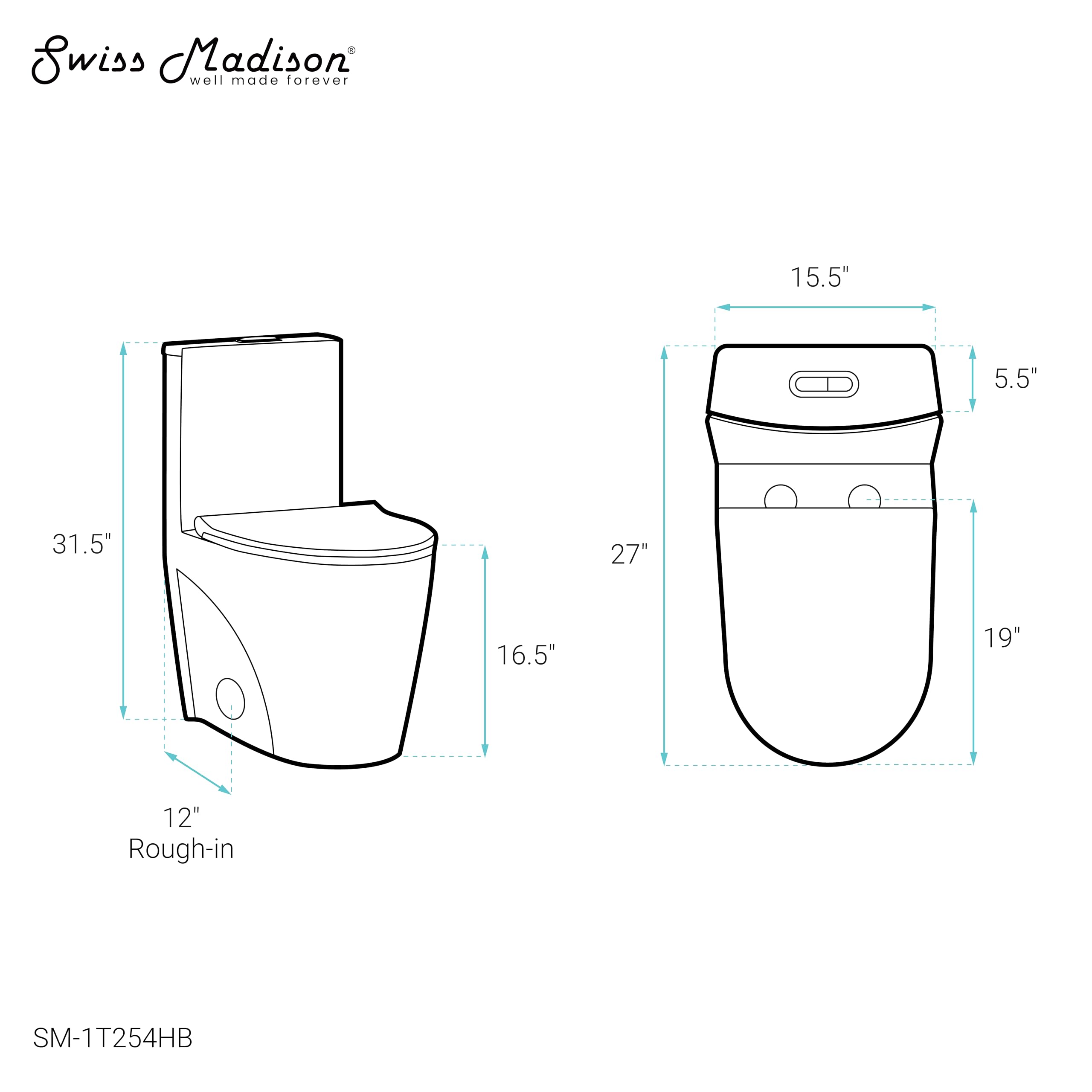 Swiss Madison St. Tropez SM-1T254HB Elongated One-Piece Toilet with Vortex Dual-Flush 1.1/1.6 GPF, Comfort Height Chair Seat, ADA Compliant, Glossy White Finish & Black Hardware - Perfect for Modern Bathrooms & Water-Efficient Homes