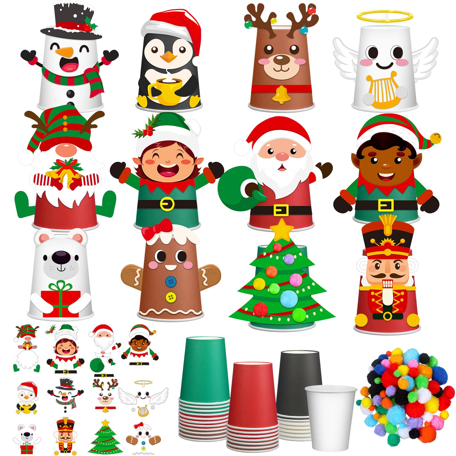 36-Piece Christmas DIY Craft Kit for Kids – Santa, Elf & Gingerbread Paper Cup Art Set – Creative Holiday Crafts for Children | Perfect for Classroom Activities, Holiday Parties & Family Bonding
