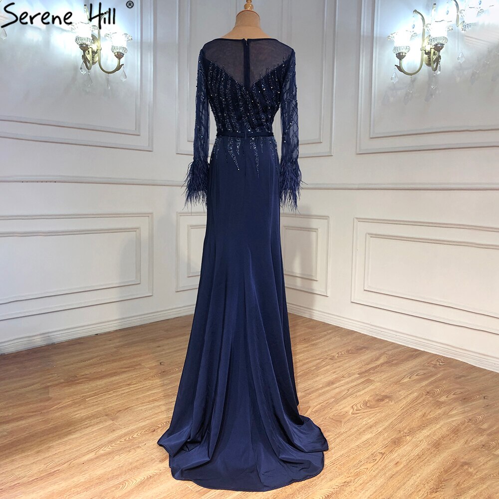 Luxury Navy Blue Mermaid Evening Dresses for Women - Elegant Beaded Feather Gown for Muslim Party, Wedding & Special Occasions | Serene Hill Collection 2025 | LA70978A