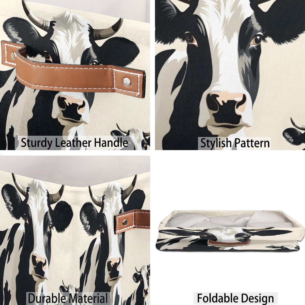 13 Inch Cute Cow Fabric Storage Bins with Leather Handles - Foldable Closet Organizer Baskets for Bedroom, Living Room & Shelves | Perfect for Kids' Room, Nursery, and Home Organization