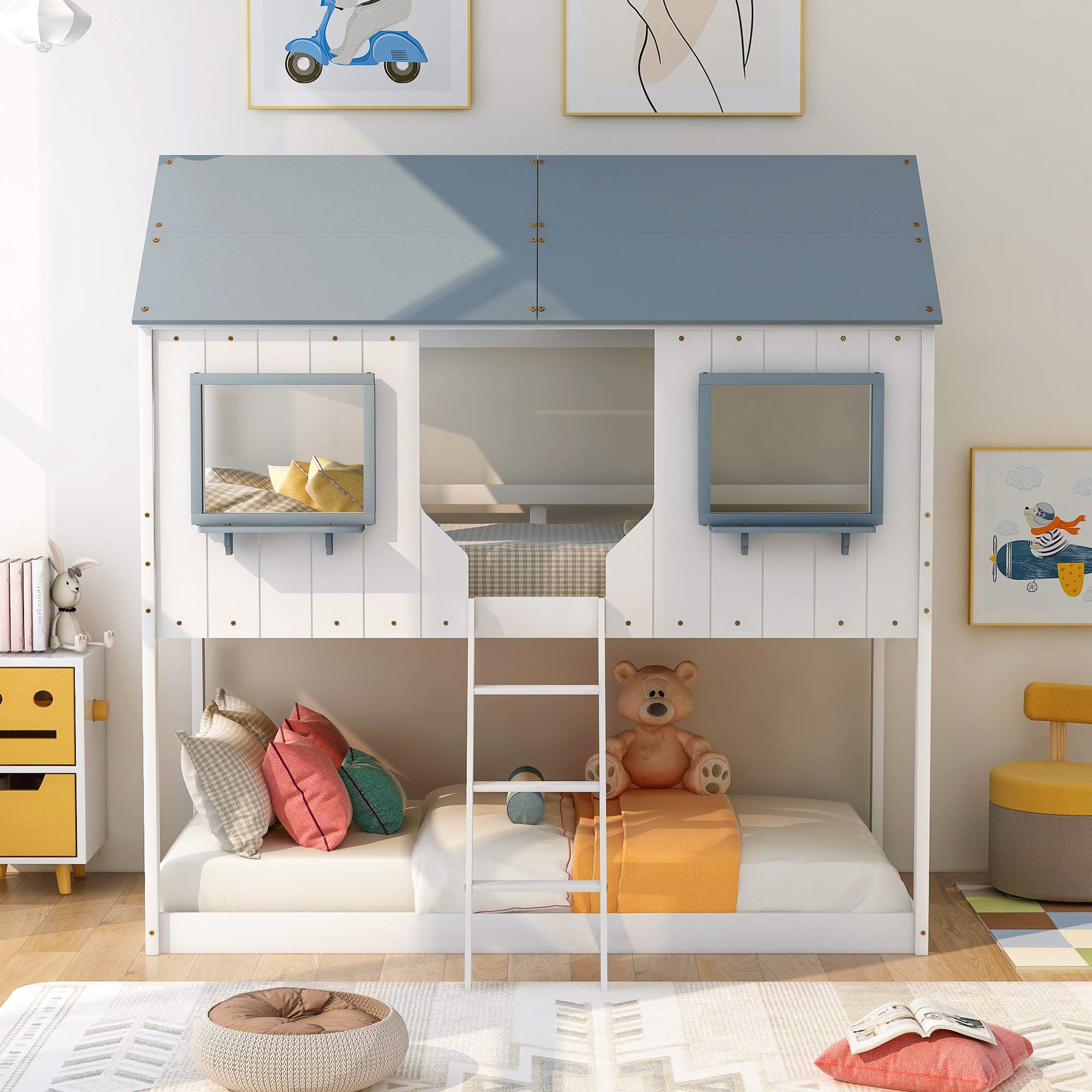 Danxee Twin Over Twin Wooden Bunk Beds with Playhouse Roof, Safety Guardrail & Ladder - Kids Bunk Bed for Boys & Girls - Easy Assembly (White) - Perfect for Bedrooms, Playrooms & Small Spaces