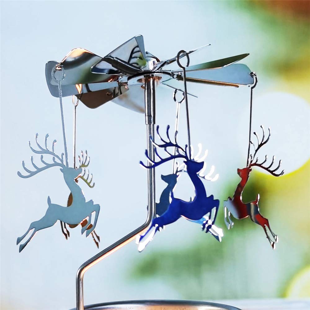 Rotating Carousel Candle Holder - Spinning Metal Tea Light Candlestick for Home Decor (Silver Reindeer Design) | Perfect for Christmas Decorations, Wedding Centerpieces & Cozy Ambiance