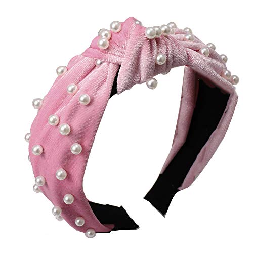 Vintage Twisted Faux Pearl Beaded Velvet Headband for Women - Elegant Wide Hair Hoop Headwear with Elastic Band, Bling Hair Accessories for Parties, Weddings & Special Occasions