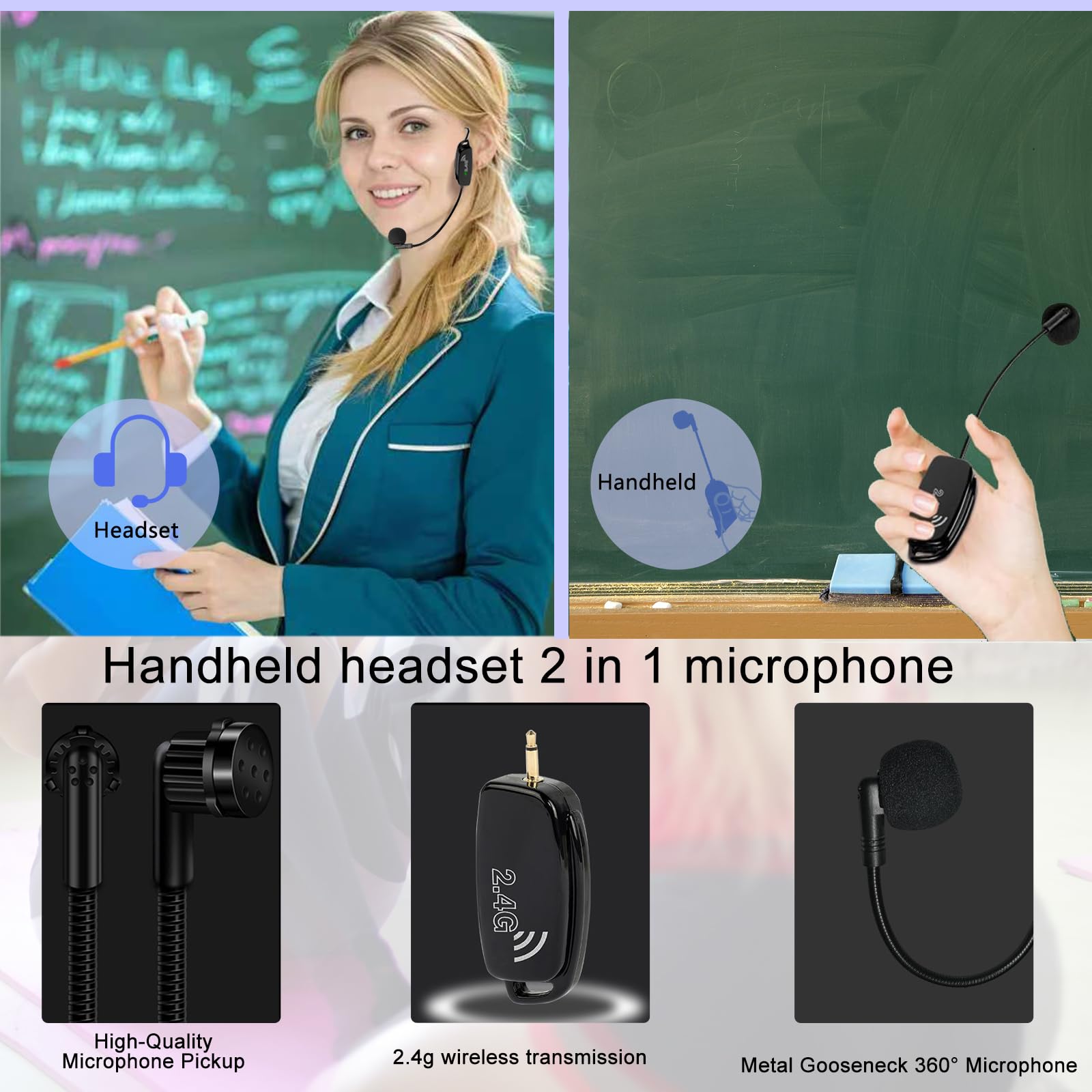 2.4G Wireless Microphone Headset & Handheld Mic 2-in-1 - 160ft Range with 1/8