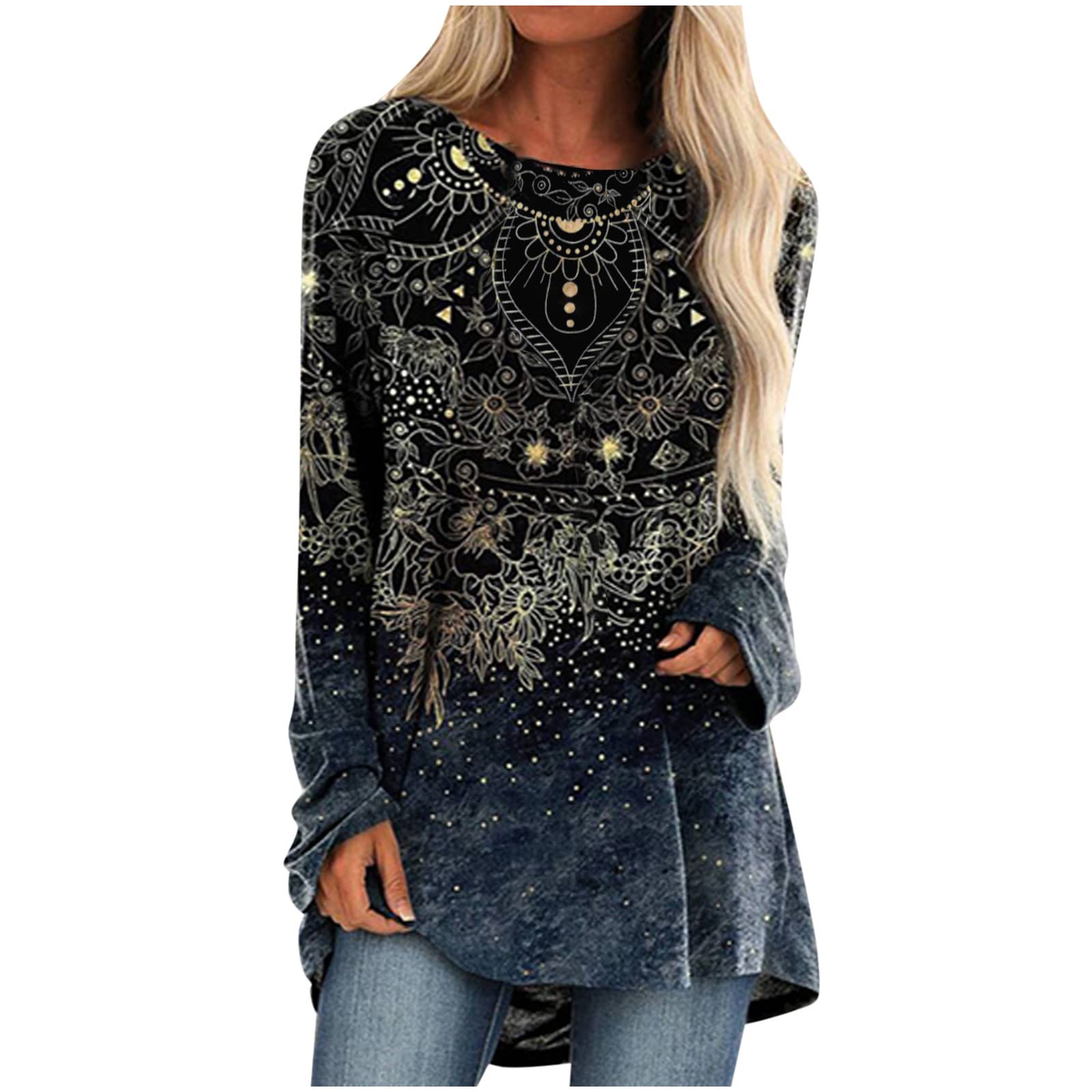 Trendy Women's Christmas Long Sleeve Shirt with Shiny Xmas Tree Print - Holiday Party Crewneck Top for Festive Gatherings & Family Photos