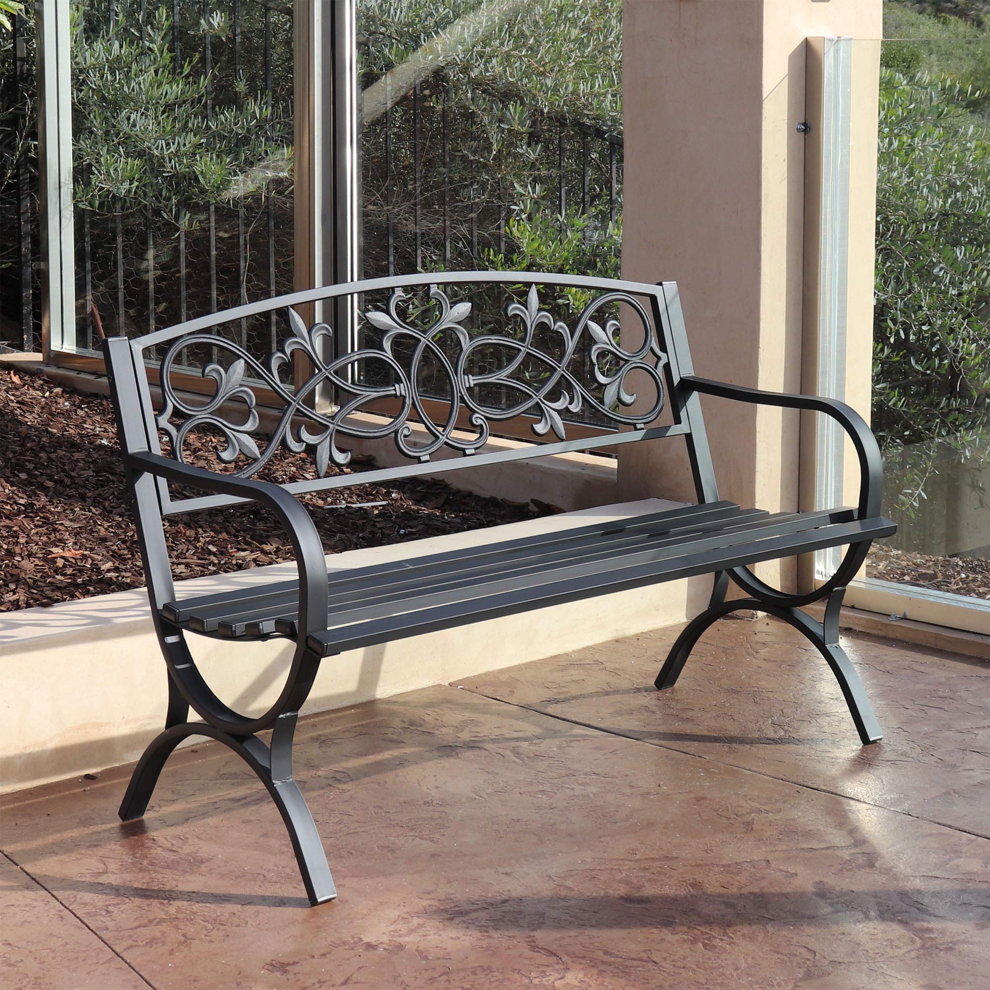 4.1 Ft Steel Frame Garden Bench - Outdoor Patio Chair for Yard, Park & Backyard - 2-Person Loveseat with Decorative Backrest & Slatted Seat - Perfect for Outdoor Seating, Picnics, and Garden Relaxation