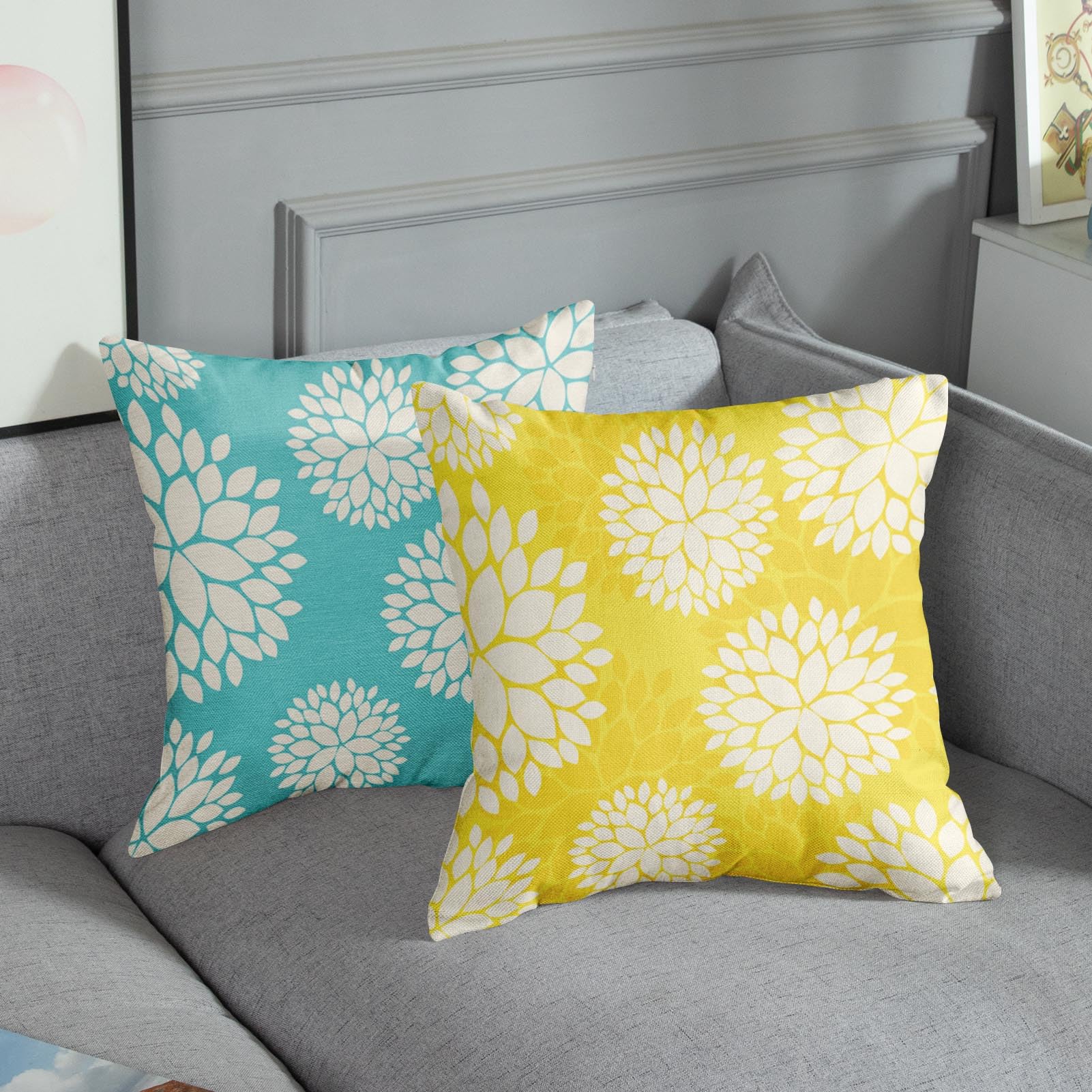 Decorative Linen Throw Pillow Covers Set of 4 - Yellow, Gray, Pastel Blue & White Floral Teal Turquoise Aqua Lemon Dahlia - 16x16 Inches for Sofa, Bed, Couch & Home Decor