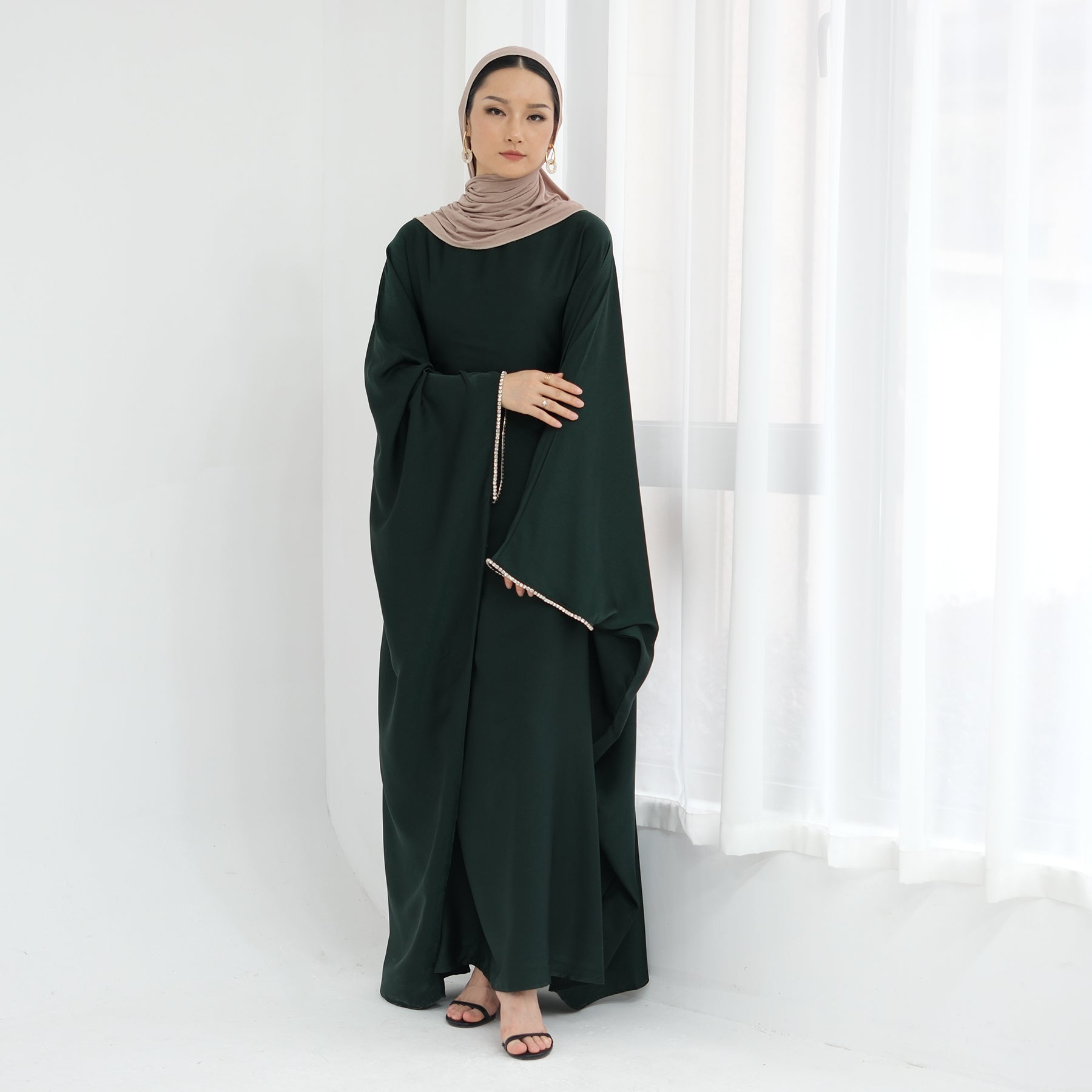 Davina Butterfly Satin Abaya Emerald Green - Elegant Muslim Prayer Dress for Women | Perfect for Eid, Ramadan & Special Occasions