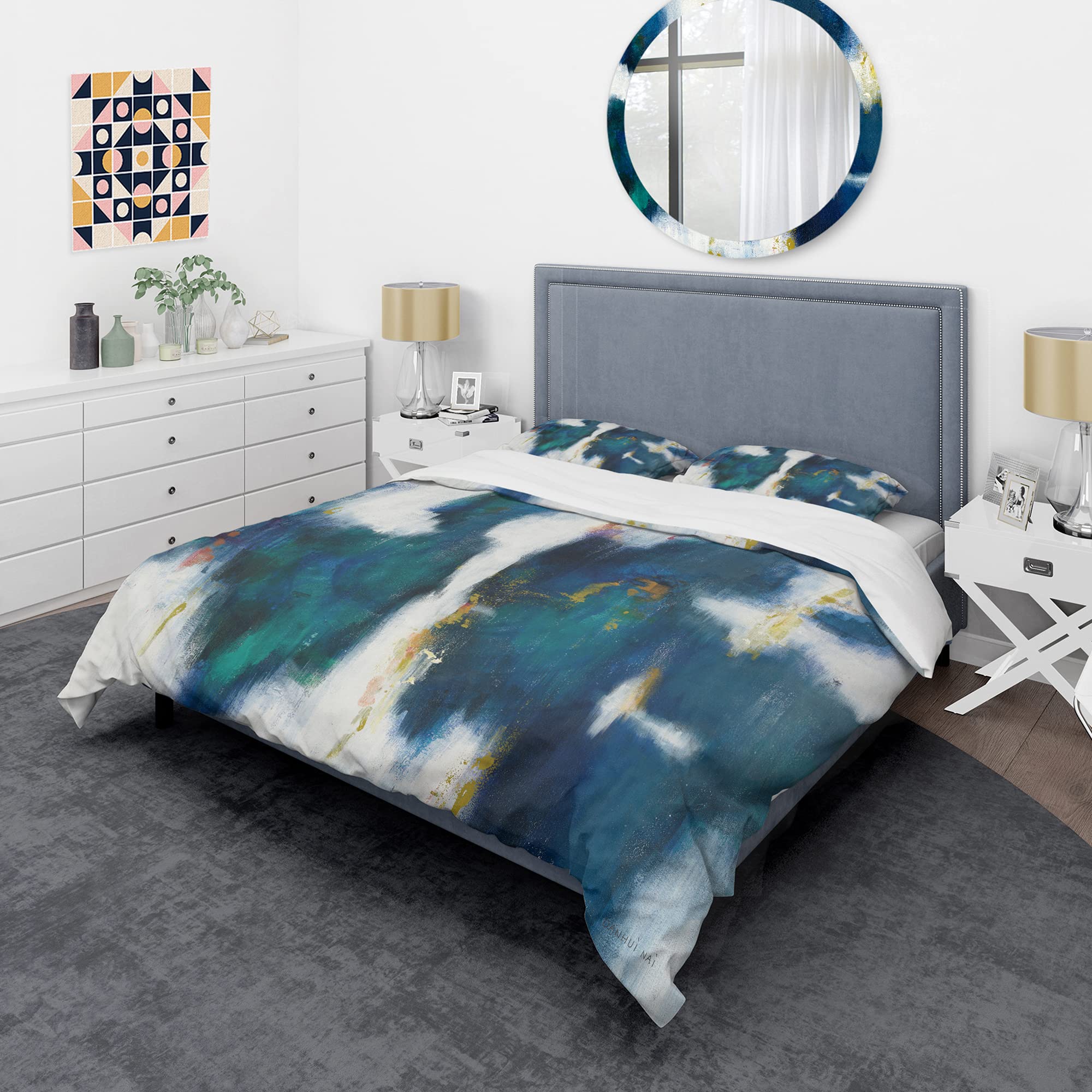 DesignQ Blue Glam Textured Modern Duvet Cover Set - King Size 3-Piece Abstract Bedding | All-Season Luxury Bedroom Decor for Contemporary Homes