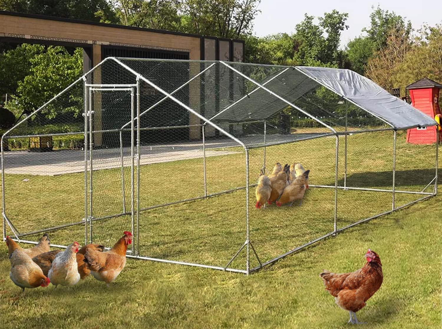 Extra Large Walk-In Metal Chicken Coop - Spire Shaped Poultry Cage with Waterproof UV-Resistant Cover for Hens, Rabbits & Outdoor Farm Animals | Durable Backyard Habitat for Small Livestock Protection & Comfort