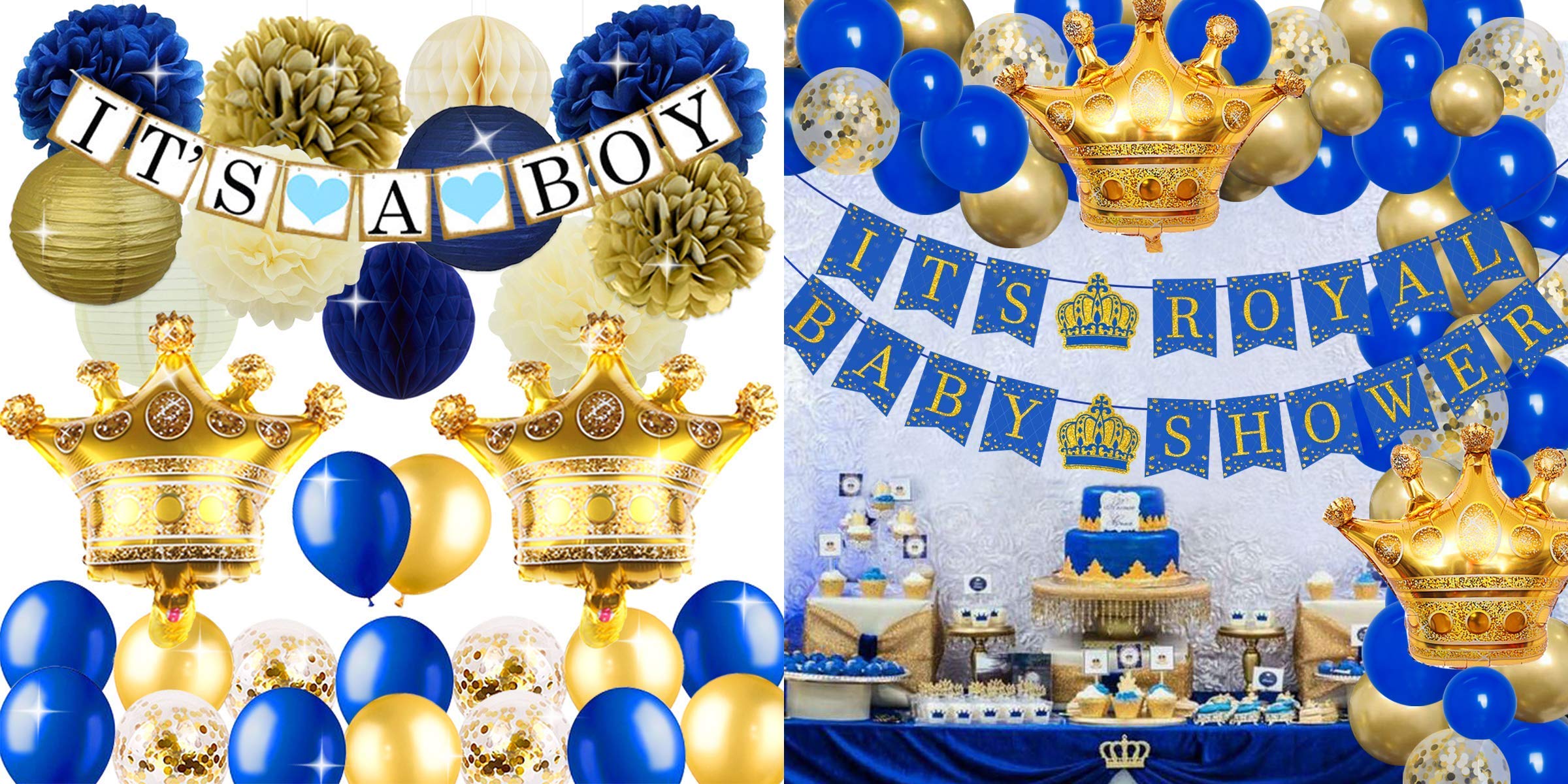 Royal Prince Baby Shower Decorations for Boys - Crown Mylar Balloons & Garland Arch Kit in Blue & Gold | Perfect for First Birthday, Gender Reveal Party & Nursery Decor