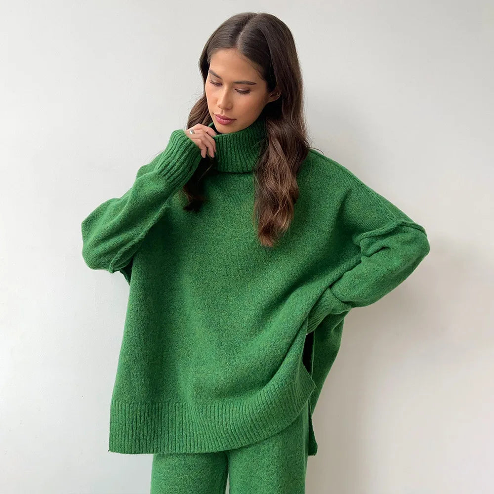 2025 Women's Turtleneck Sweater Set - European & American Style Loose Knit Pullover with Thickened Casual Pants for Autumn Winter | Office Wear, Weekend Outfits, Holiday Fashion