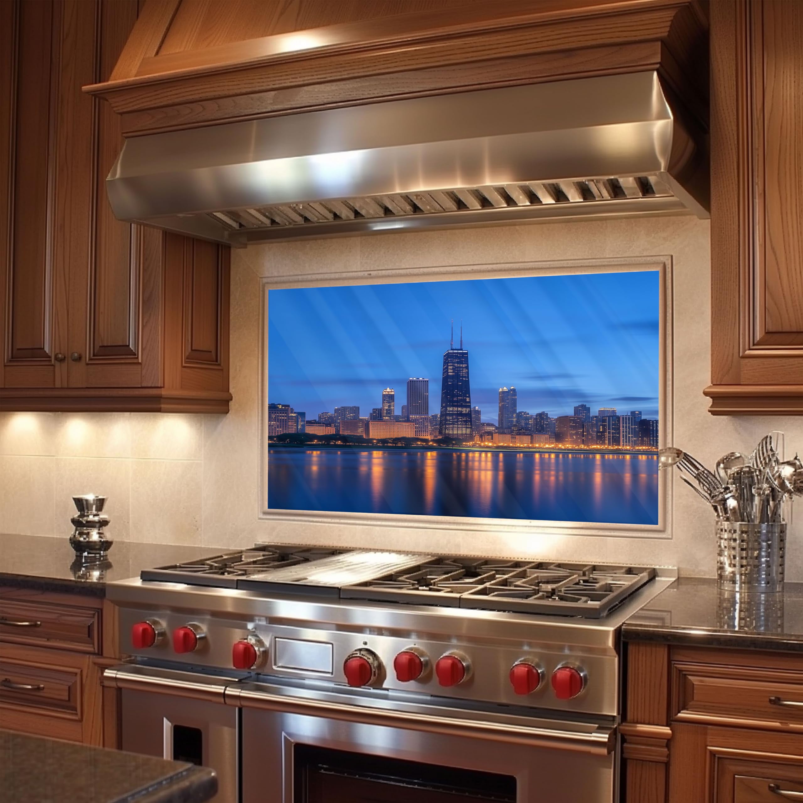 Chicago Skyline Tempered Glass Kitchen Backsplash - Peel and Stick Stove Backsplash, Easy to Clean & Heat Resistant - Perfect for Modern Kitchens, Behind Stove Protection & Stylish Home Decor