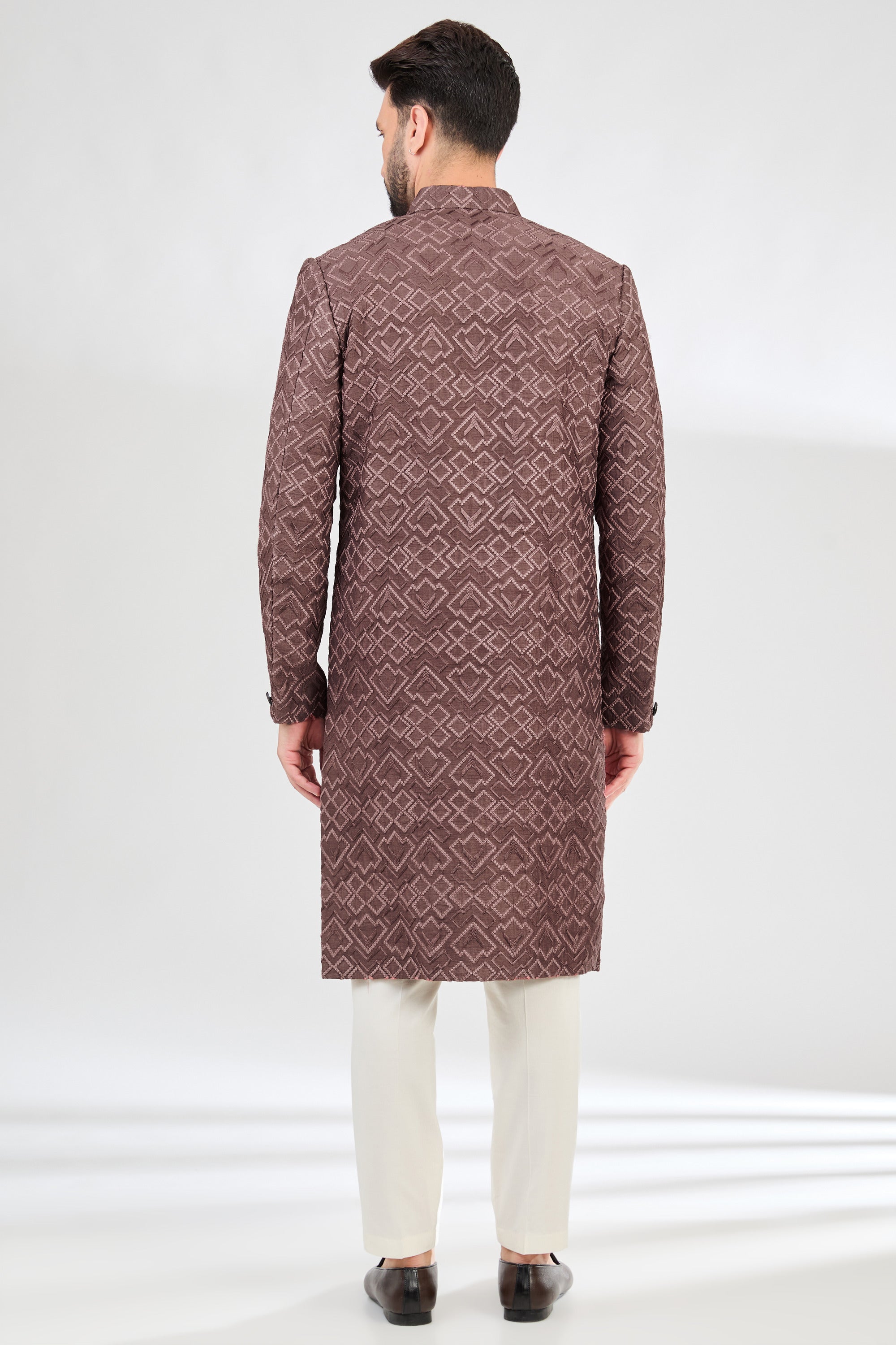 Elegant Mauve Taupe Geometrically Embroidered Sherwani for Men - Perfect for Weddings, Festivals & Special Occasions