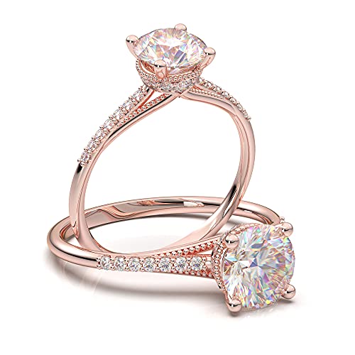 Vintage 14K Rose Gold Diamond Engagement Ring with Milgrain Detailing - Art Deco Style Thin Band Moissanite Center Stone for Wedding, Proposal & Anniversary Gifts | Perfect for Bridal Jewelry & Special Occasions