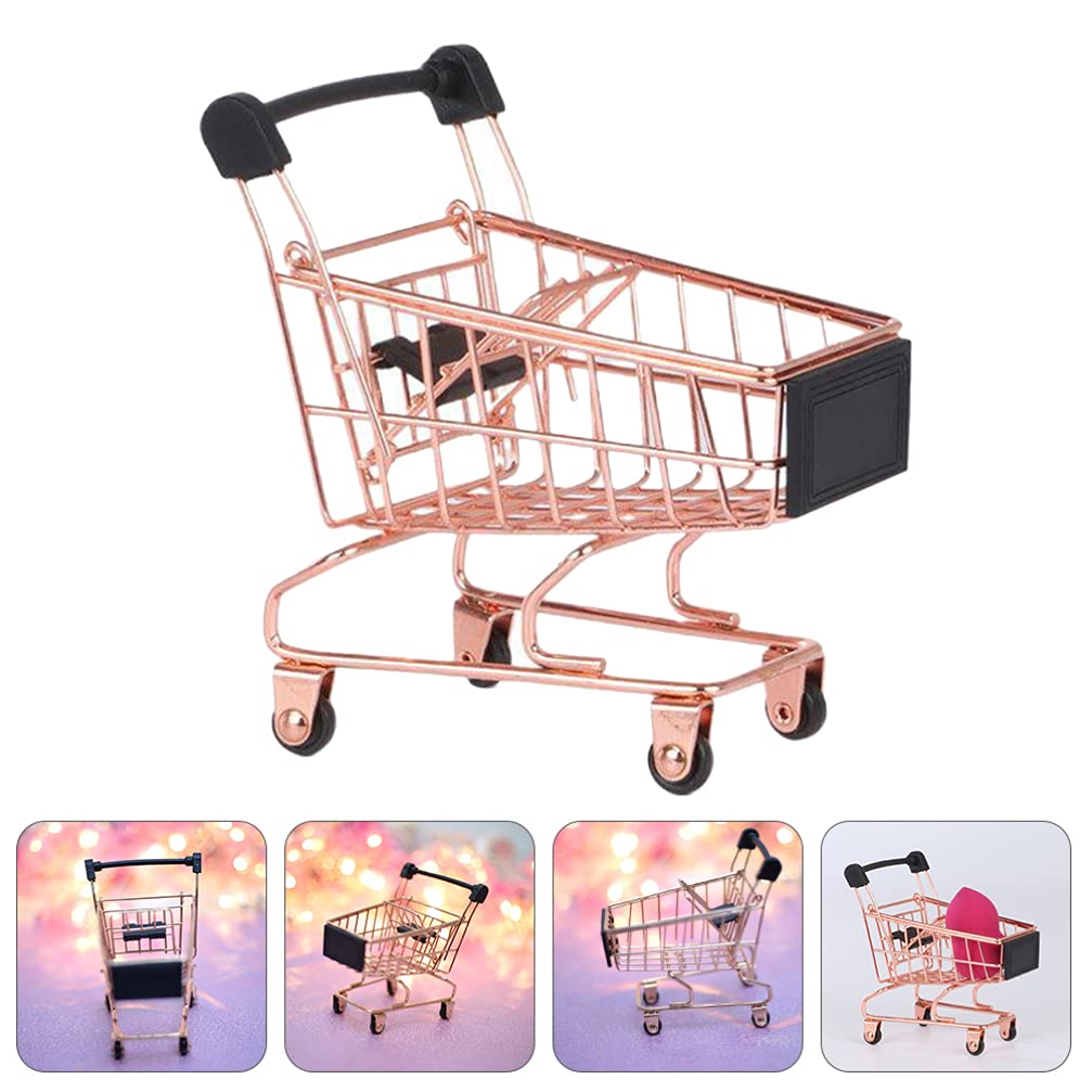 BESTOYARD Mini Shopping Cart - Metal Beauty Makeup Sponge Holder & Tiny Grocery Handcart - Cute Supermarket Toy for Kids Room Storage & Bathroom Organization