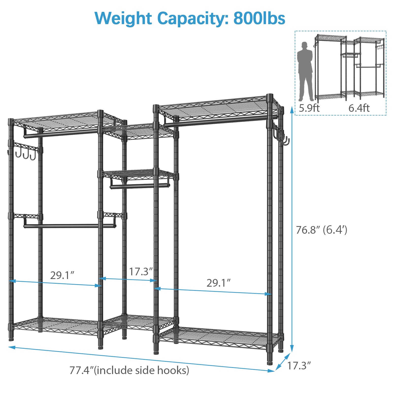 Heavy Duty Metal Clothing Rack with Shelves - Adjustable Freestanding Garment Rack for Bedroom, Portable Wardrobe Organizer - Perfect for Hanging Clothes, Storing Shoes & Organizing Accessories (Black)